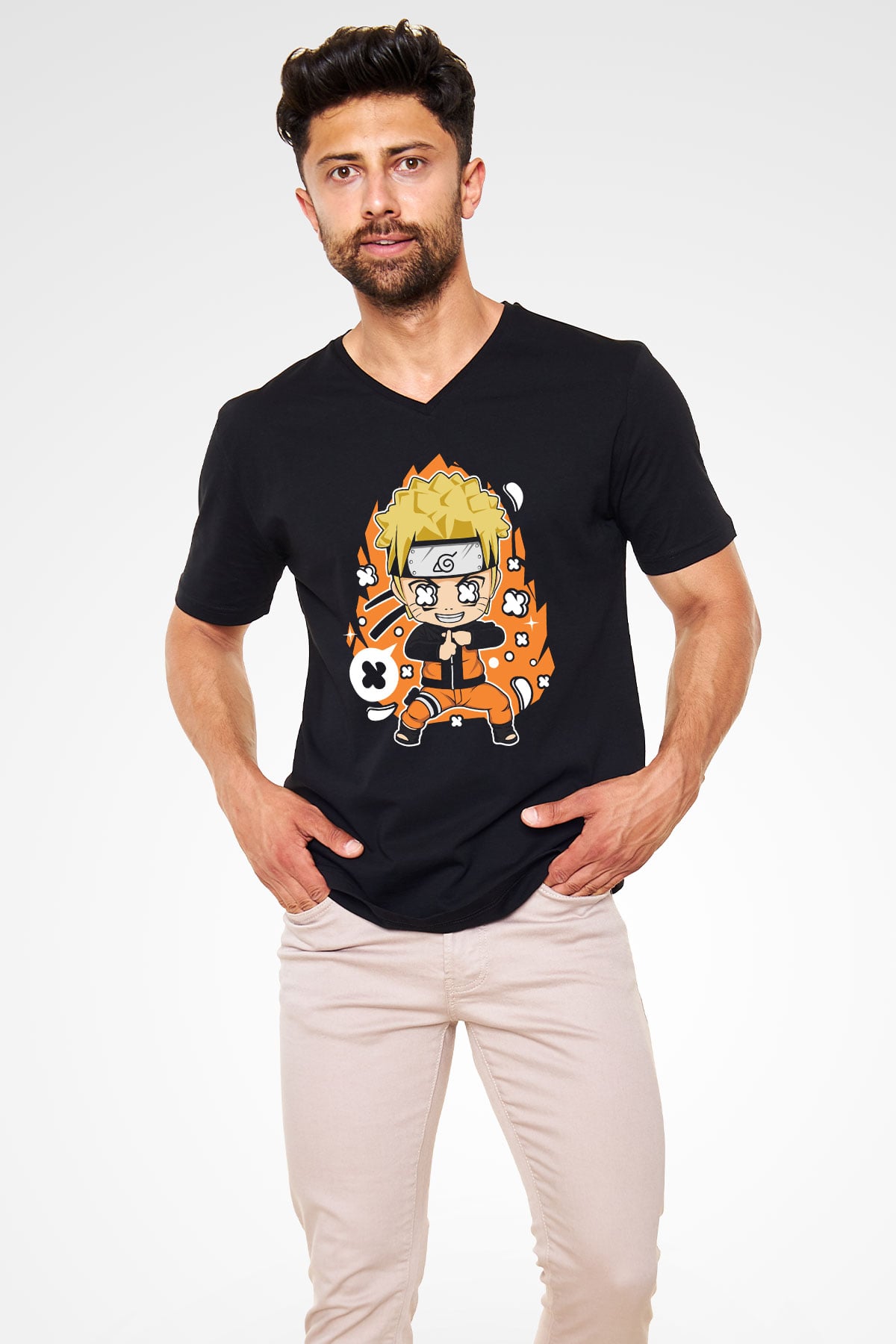 Naruto Baskılı Unisex Siyah V Yaka Tişört