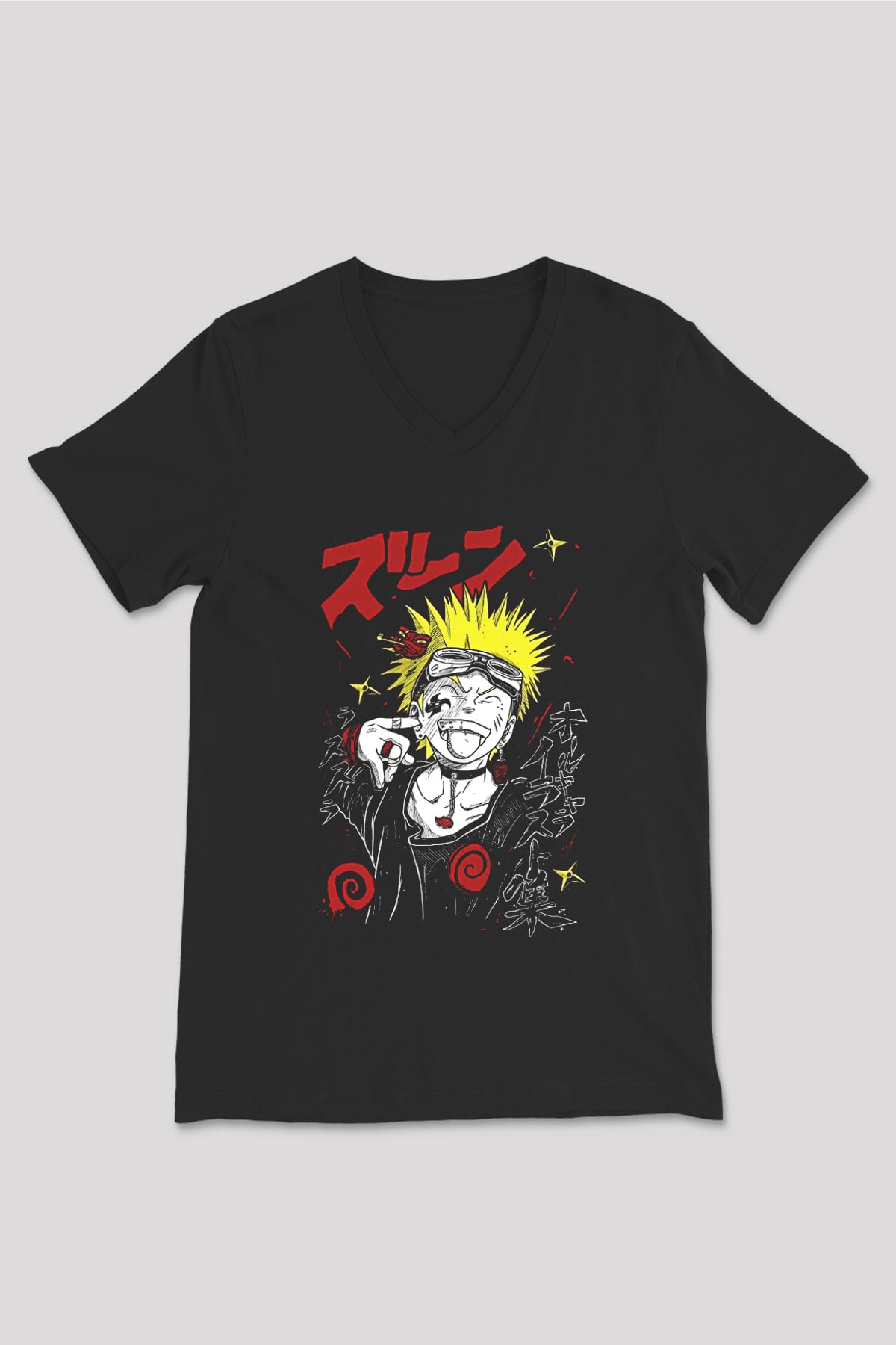 Naruto Baskılı Unisex Siyah V Yaka Tişört - Tshirt