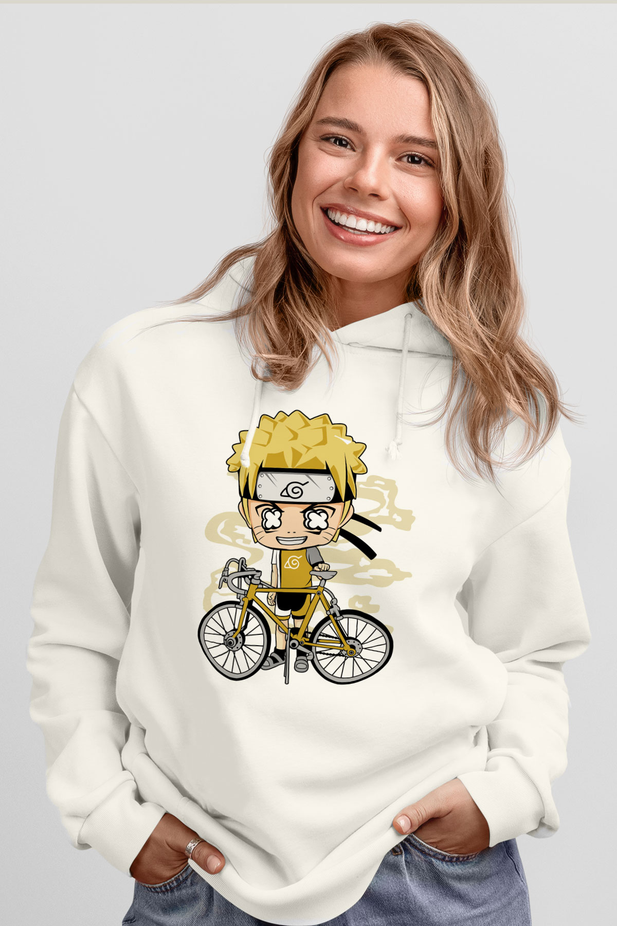 Naruto Bicycle Baskılı Beyaz Unisex Hoodie