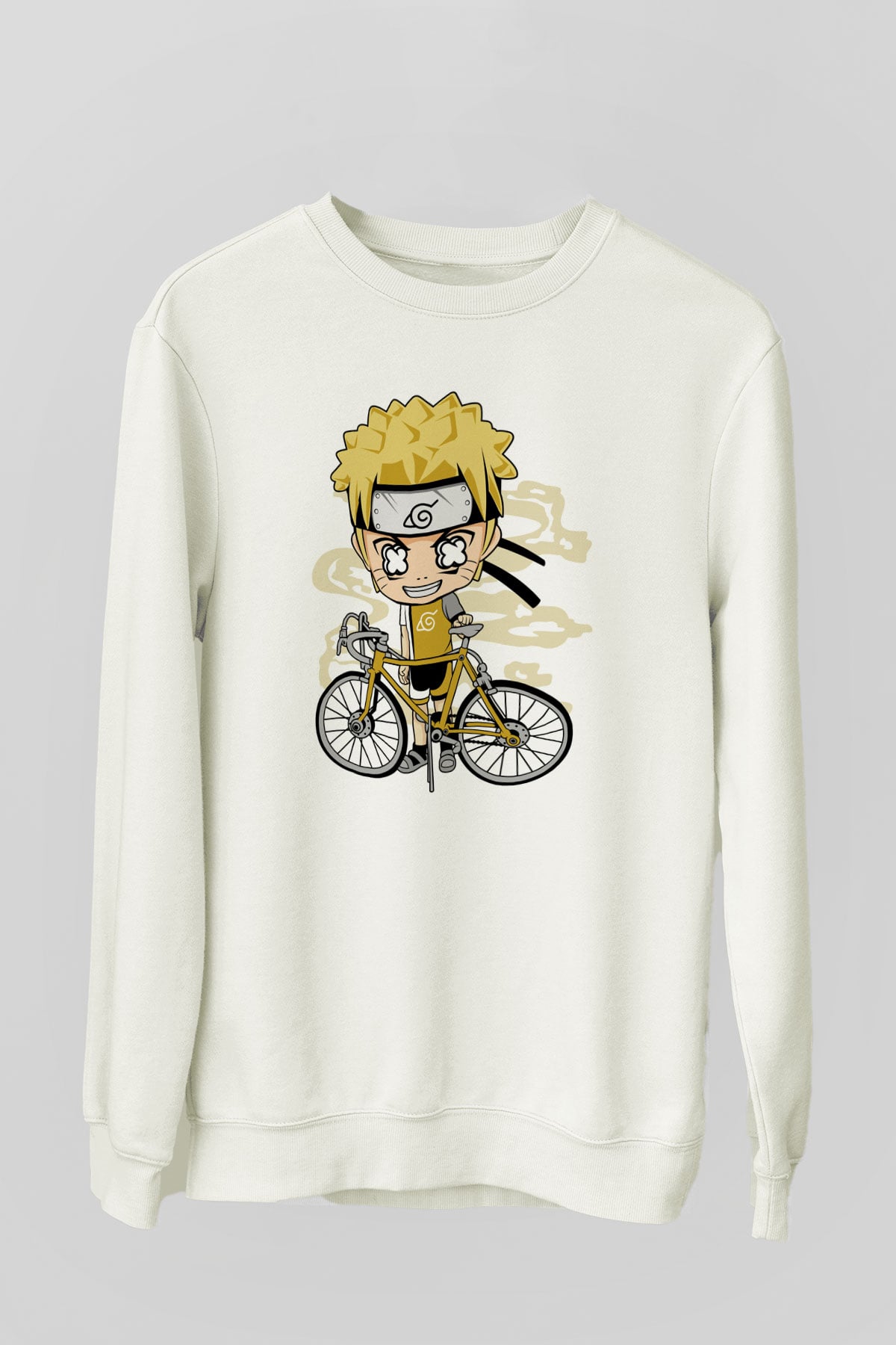 Naruto Bicycle Baskılı Beyaz Unisex Sweatshirt