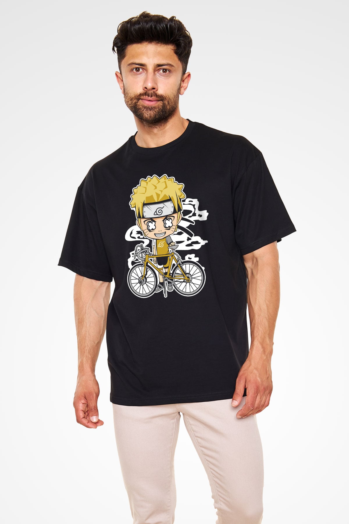 Naruto Bicycle Baskılı Siyah Unisex Oversize Tişört