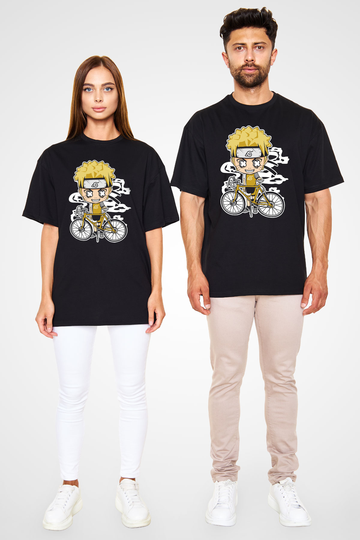Naruto Bicycle Baskılı Siyah Unisex Oversize Tişört