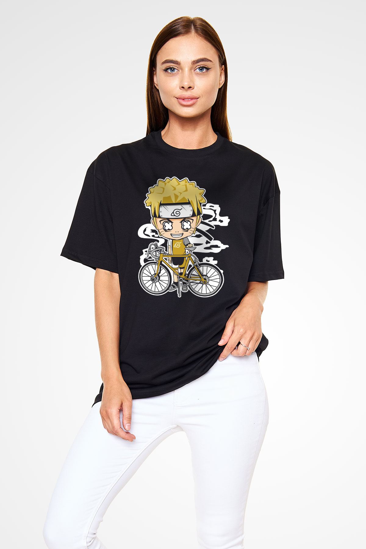 Naruto Bicycle Baskılı Siyah Unisex Oversize Tişört