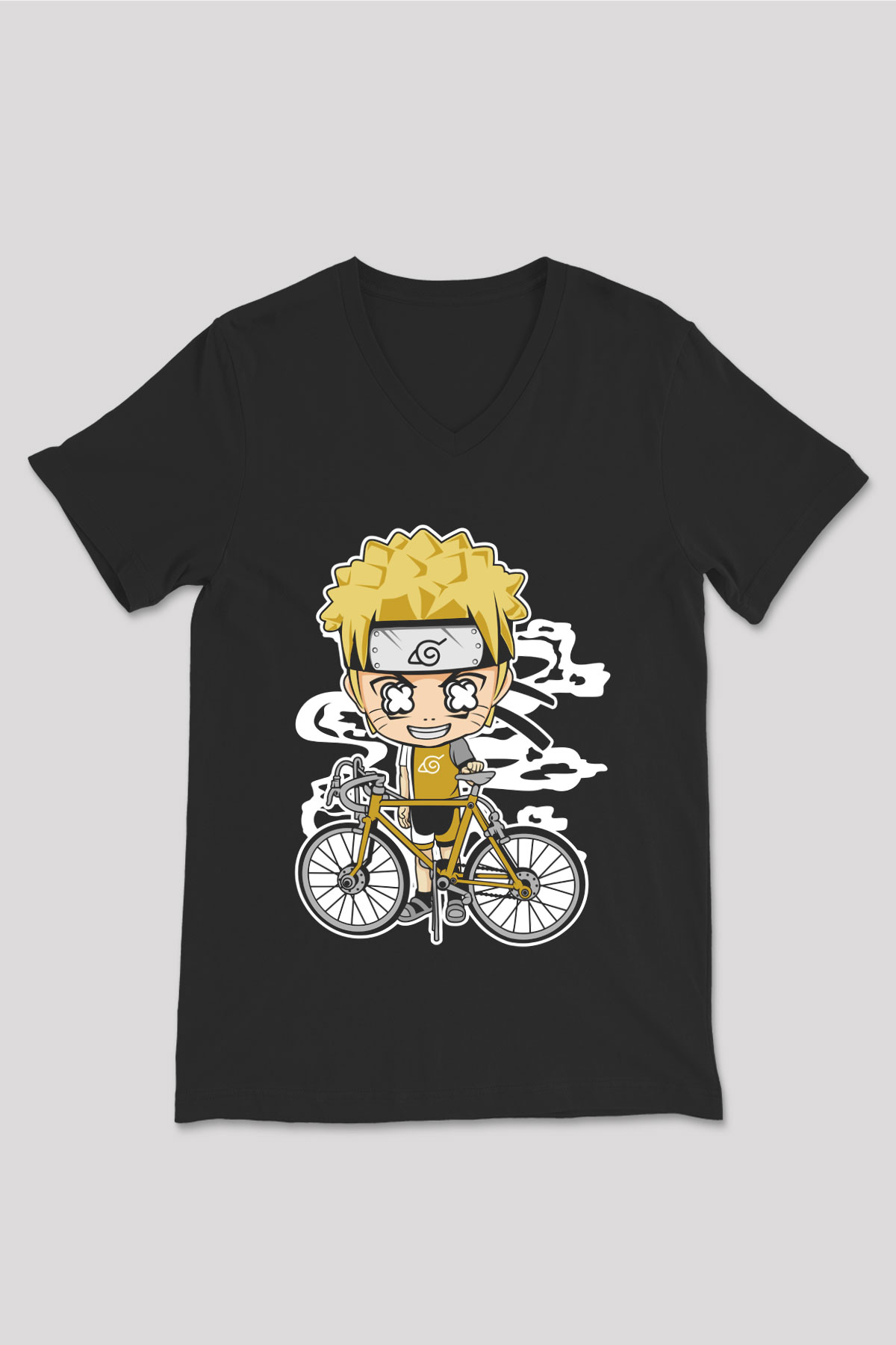 Naruto Bicycle Baskılı Siyah Unisex V Yaka Tişört