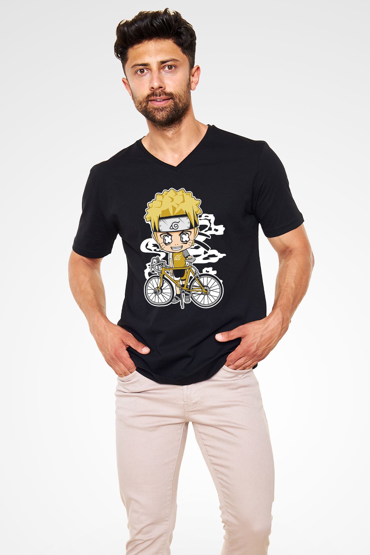 Naruto Bicycle Baskılı Siyah Unisex V Yaka Tişört