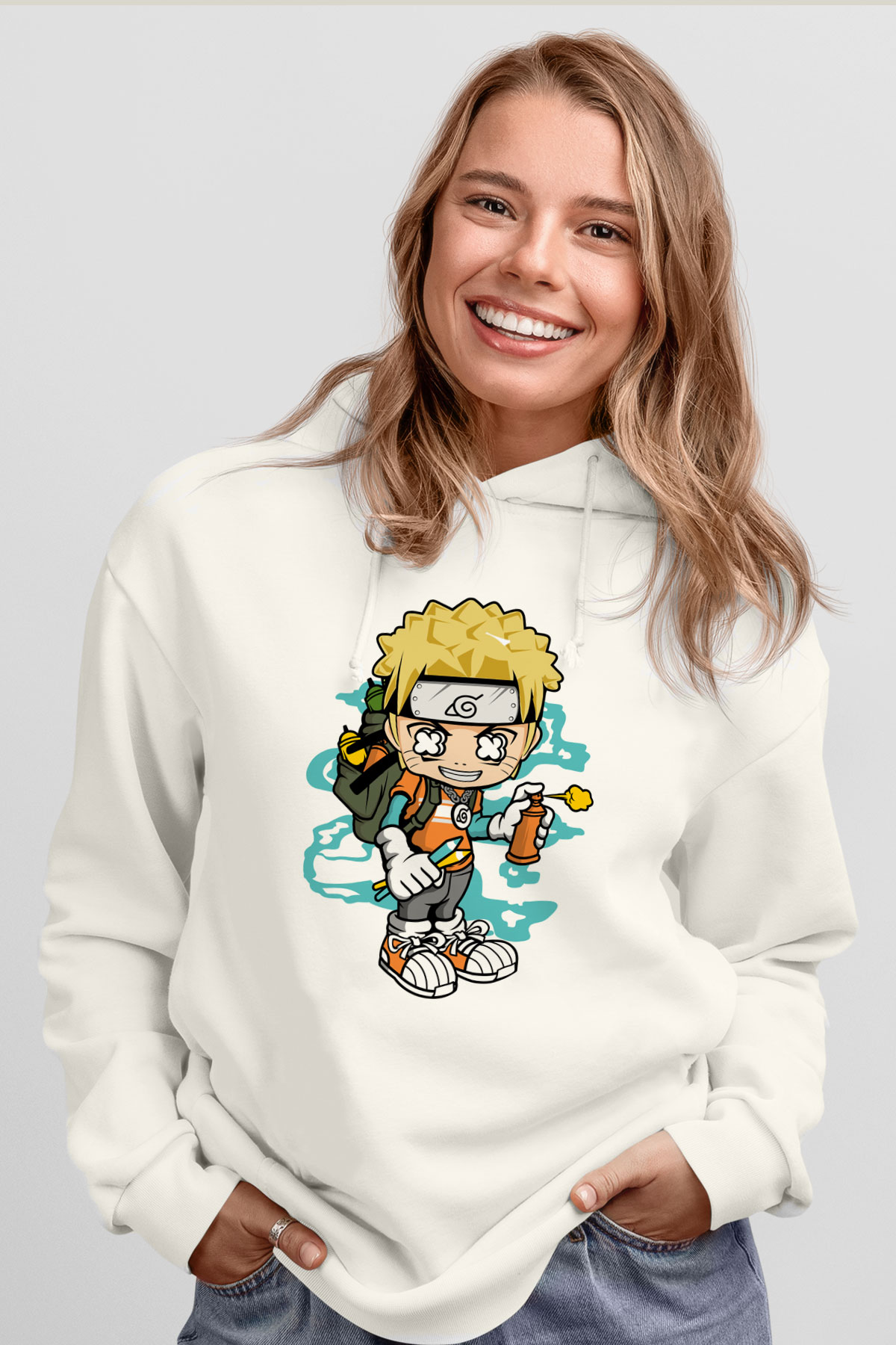 Naruto Bomber Baskılı Unisex Beyaz Hoodie