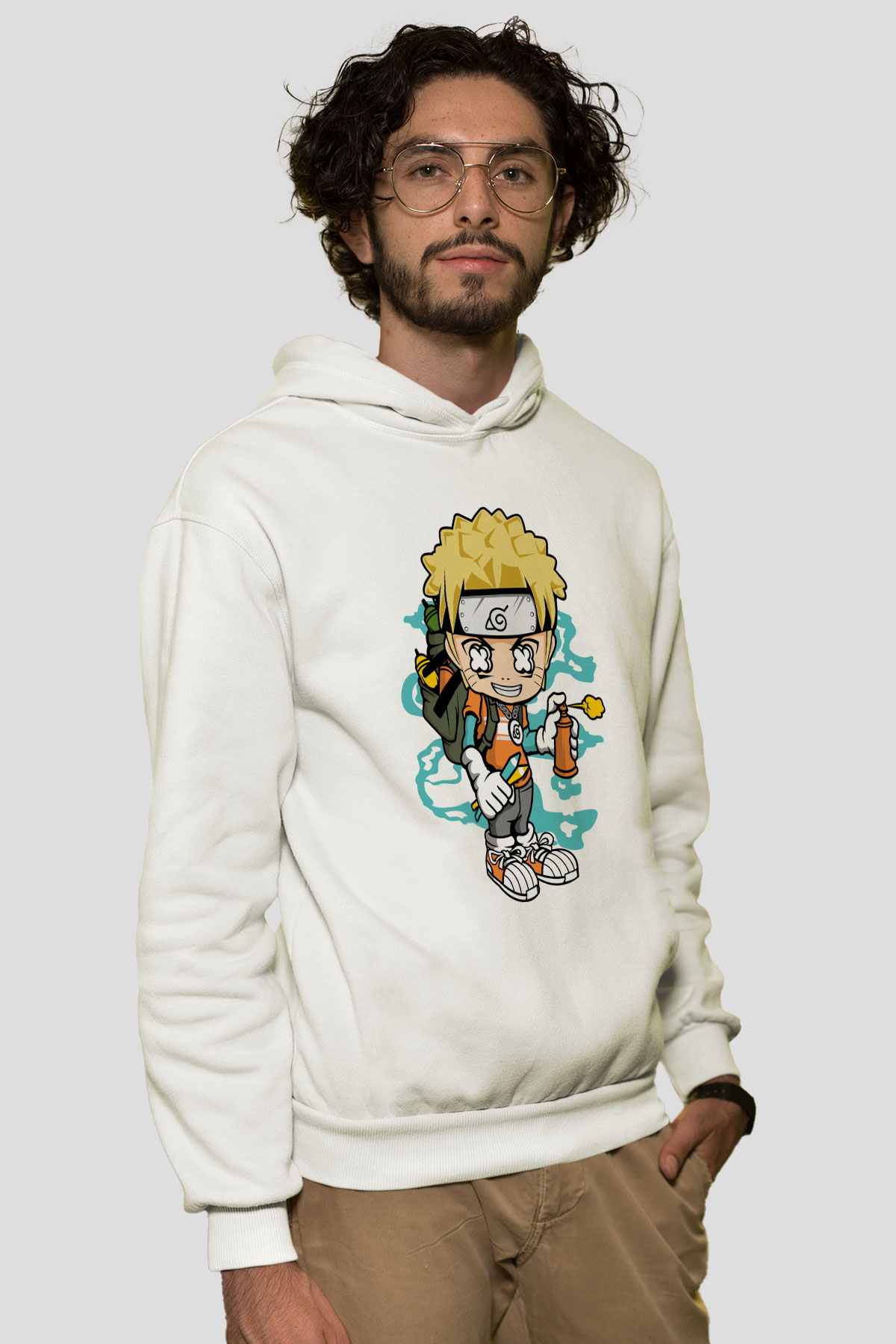 Naruto Bomber Baskılı Unisex Beyaz Hoodie