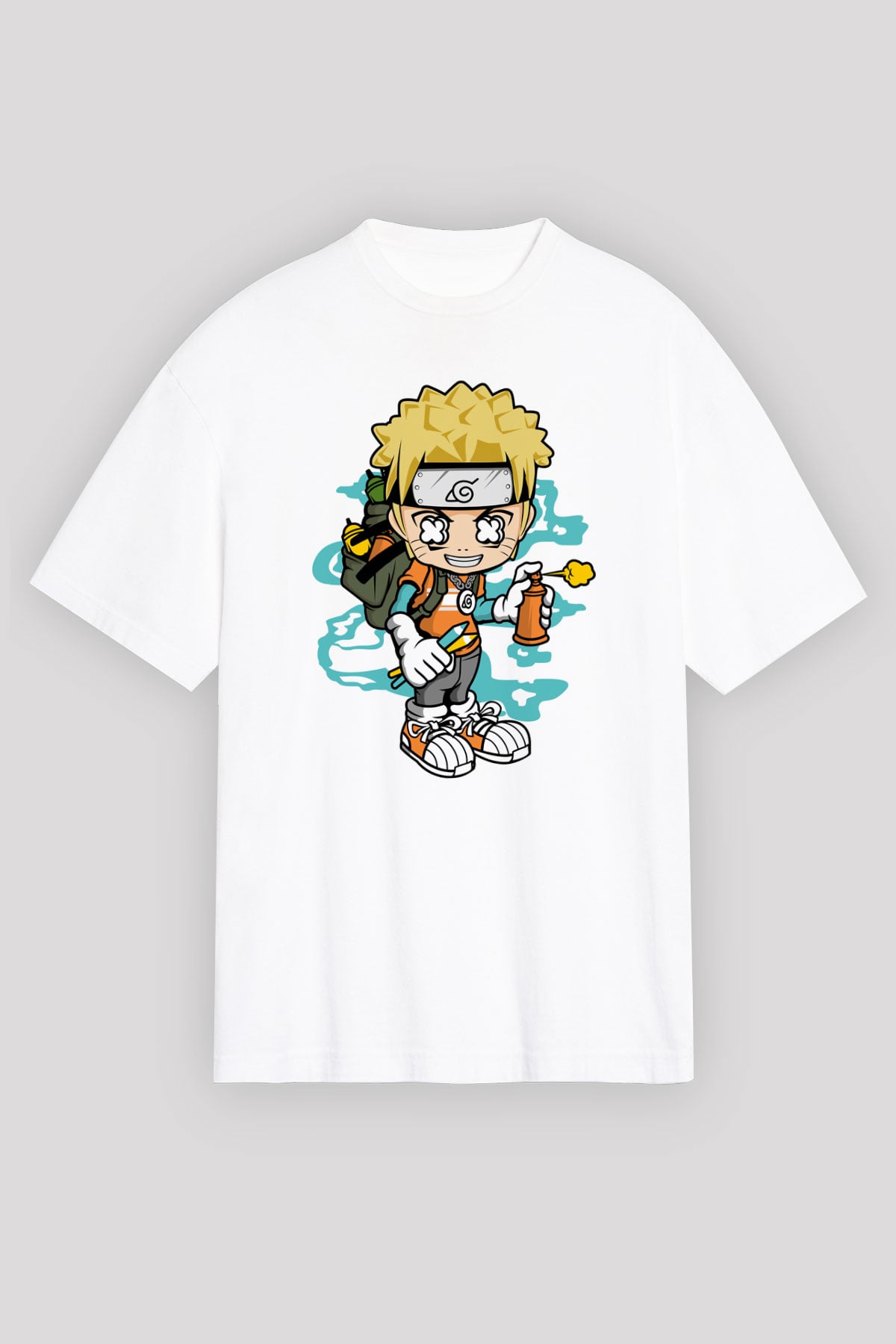 Naruto Bomber Baskılı Unisex Beyaz Oversize Tişört