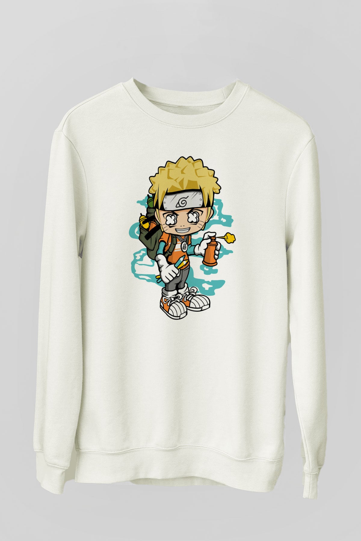 Naruto Bomber Baskılı Unisex Beyaz Sweatshirt