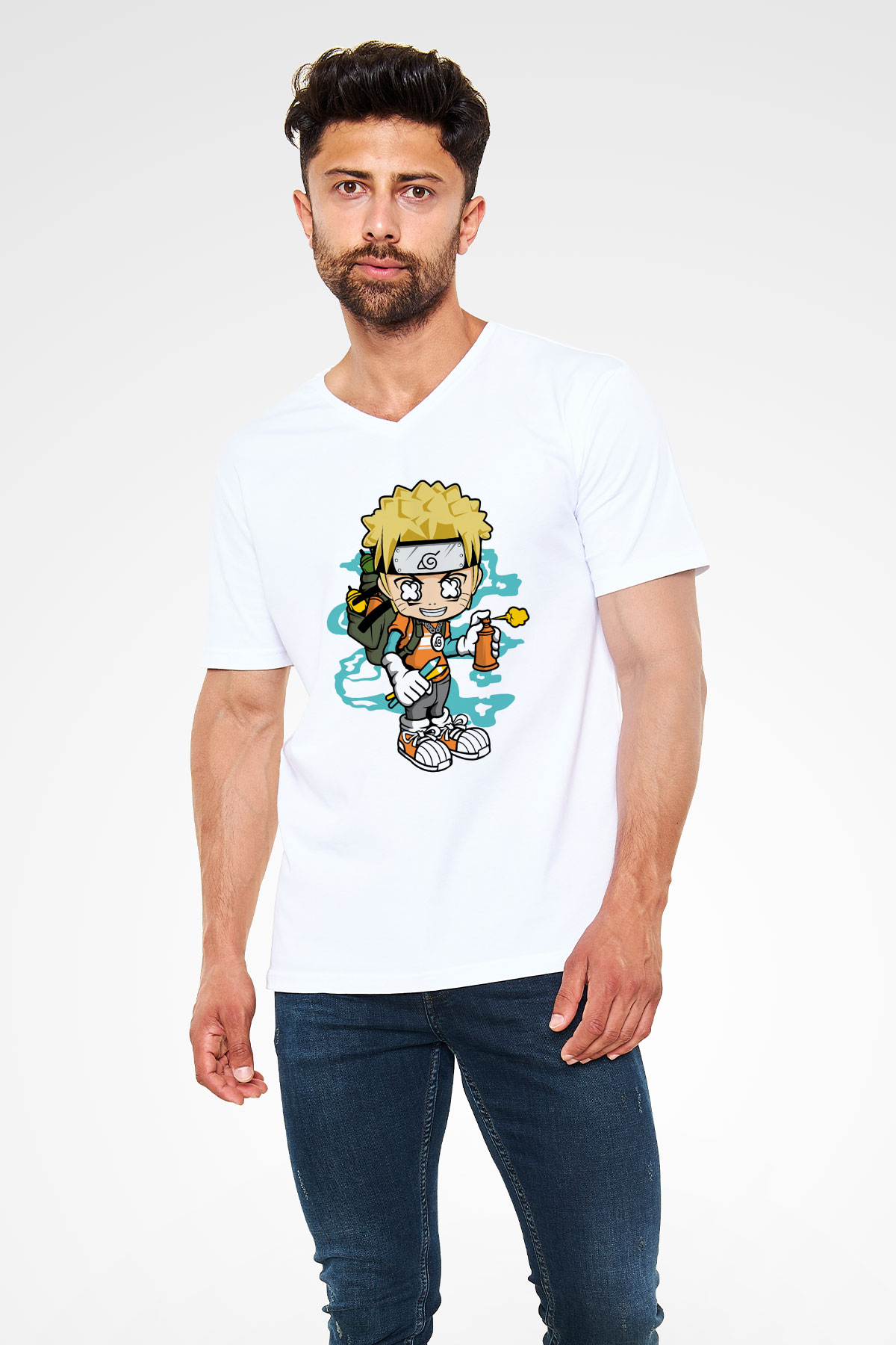 Naruto Bomber Baskılı Unisex Beyaz V Yaka Tişört