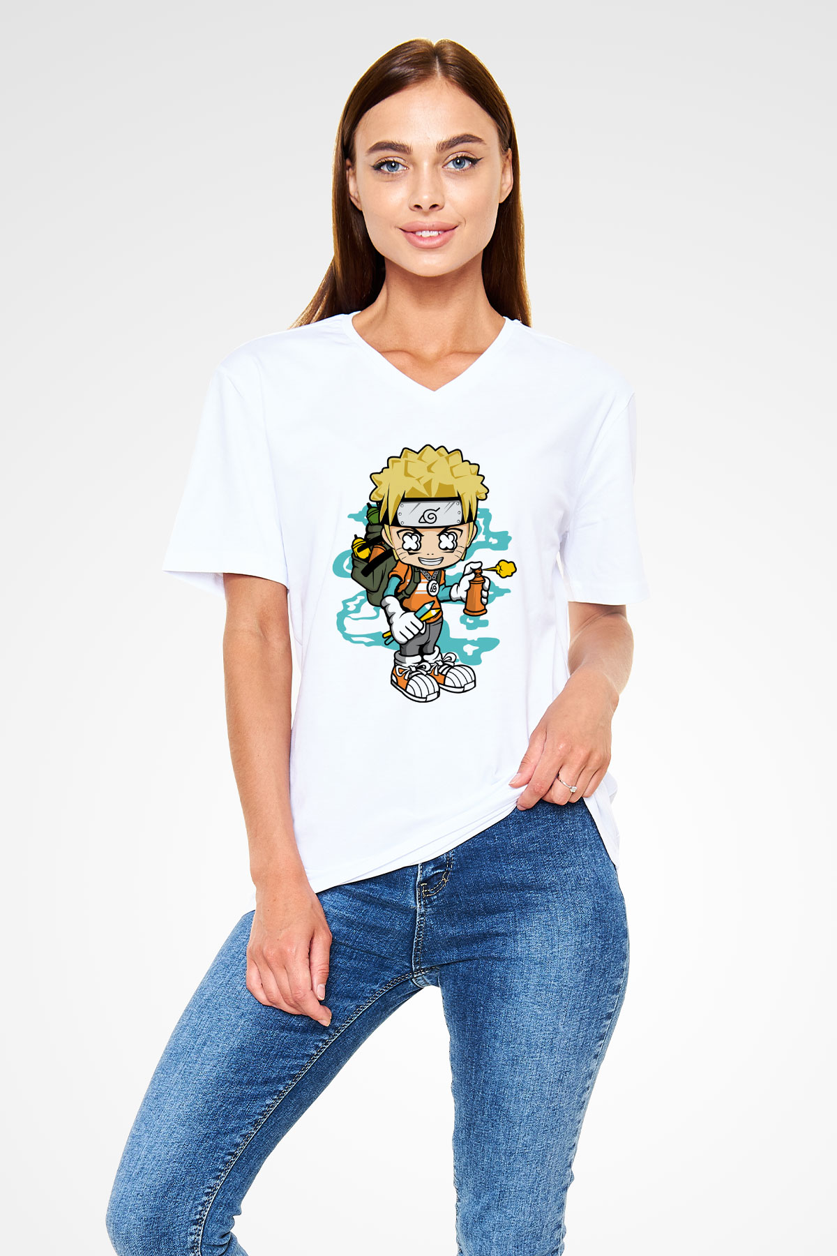 Naruto Bomber Baskılı Unisex Beyaz V Yaka Tişört
