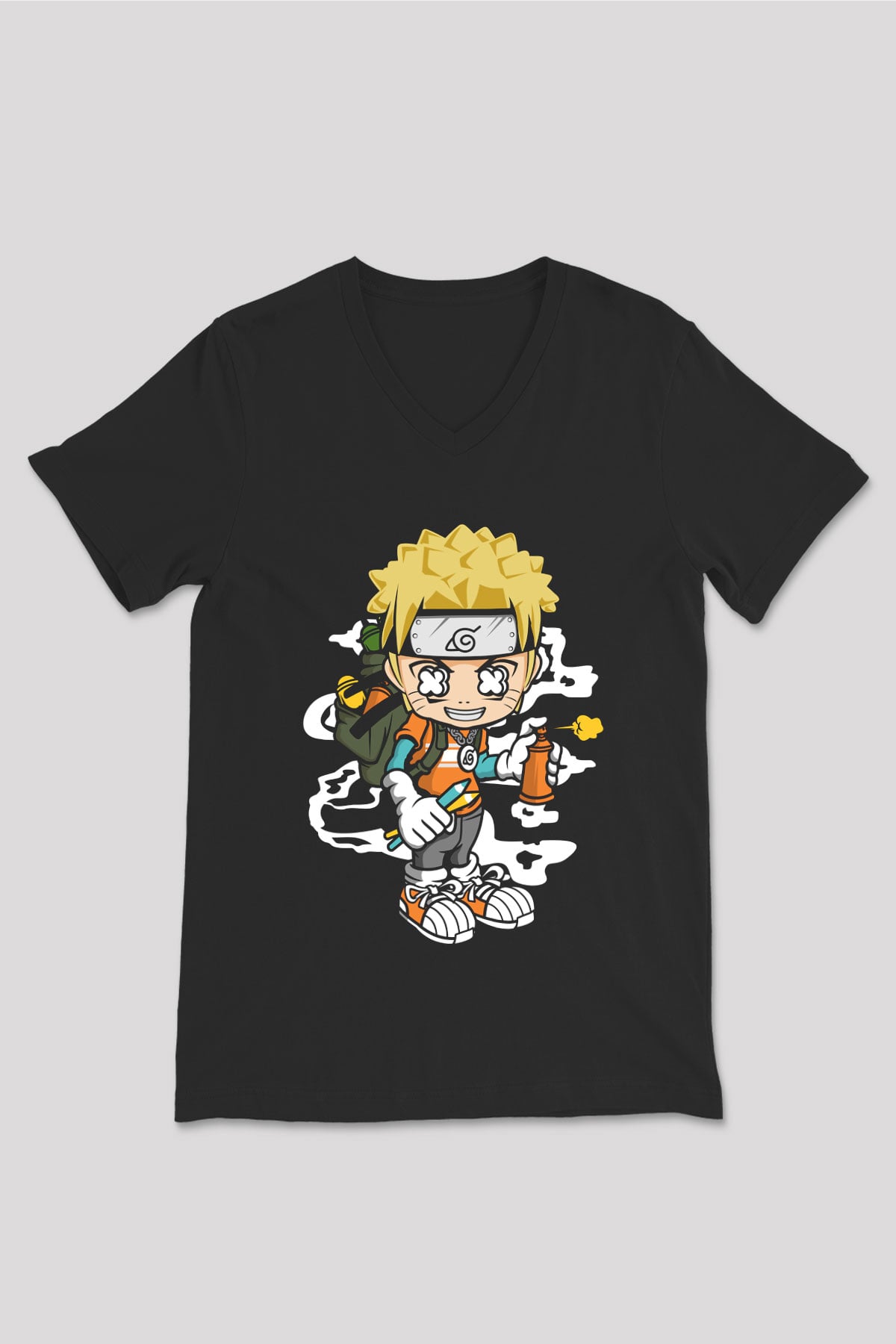 Naruto Bomber Baskılı Unisex Siyah V Yaka Tişört
