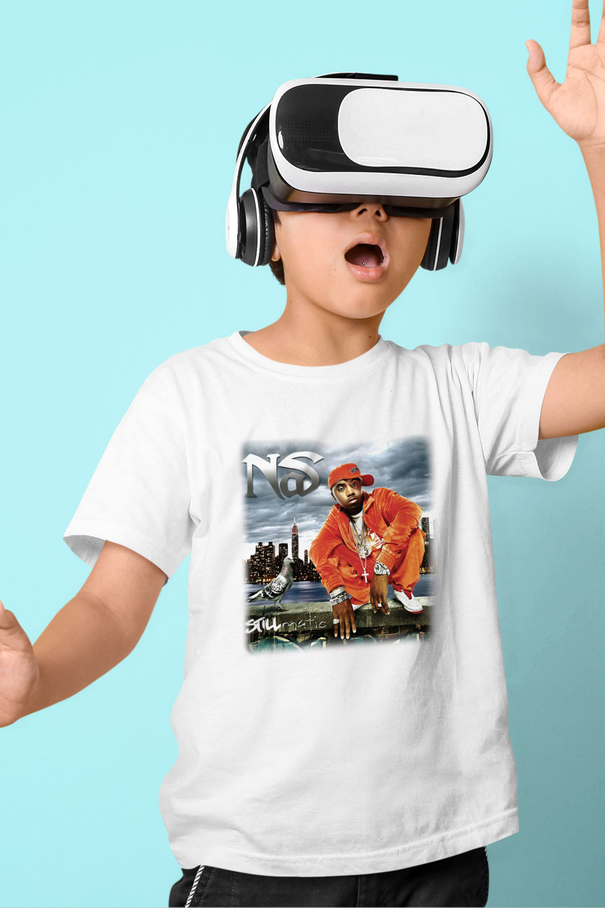 Nas Baskılı Beyaz Unisex Çocuk Tişört
