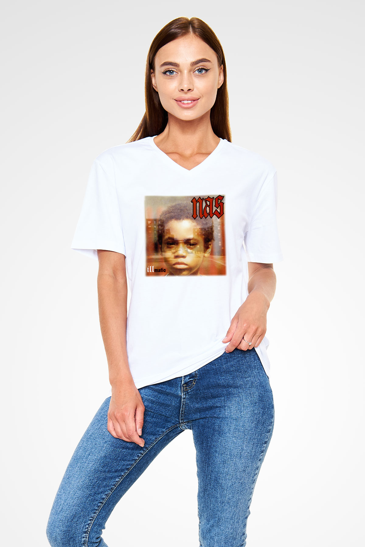 Nas Beyaz Unisex V Yaka Tişört T-Shirt