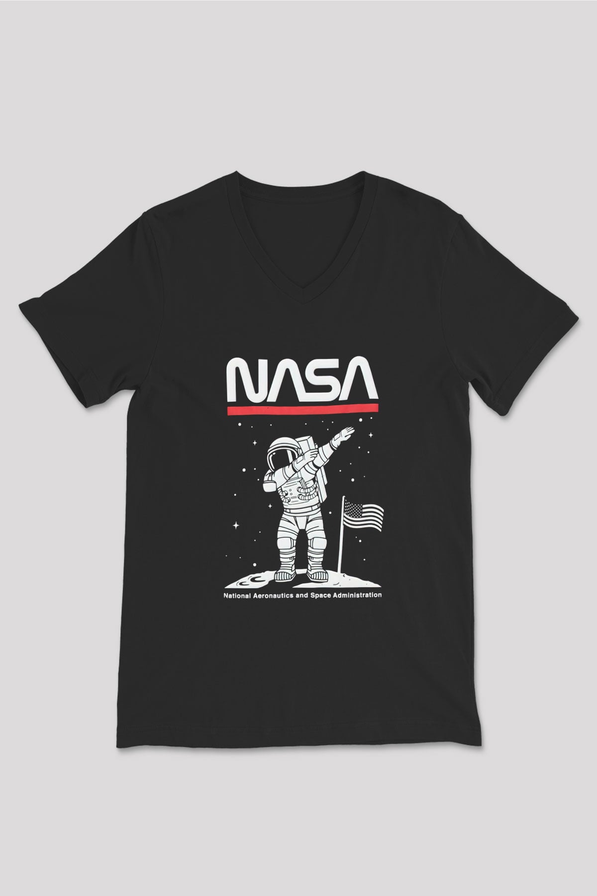 Nasa Asntonot Aya Ayak Basma Baskılı Unisex Siyah V Yaka Tişört