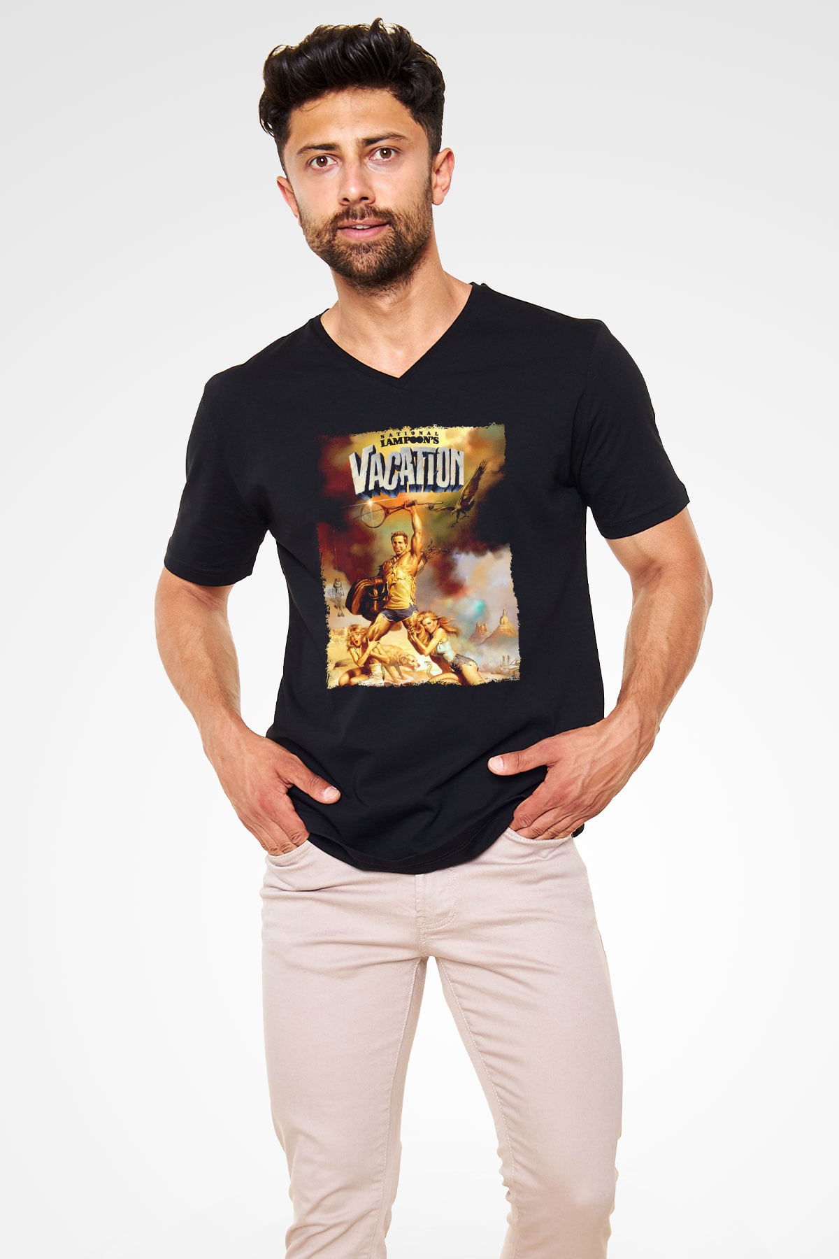 National Lampoons Vacation Siyah Unisex  V Yaka Tişört