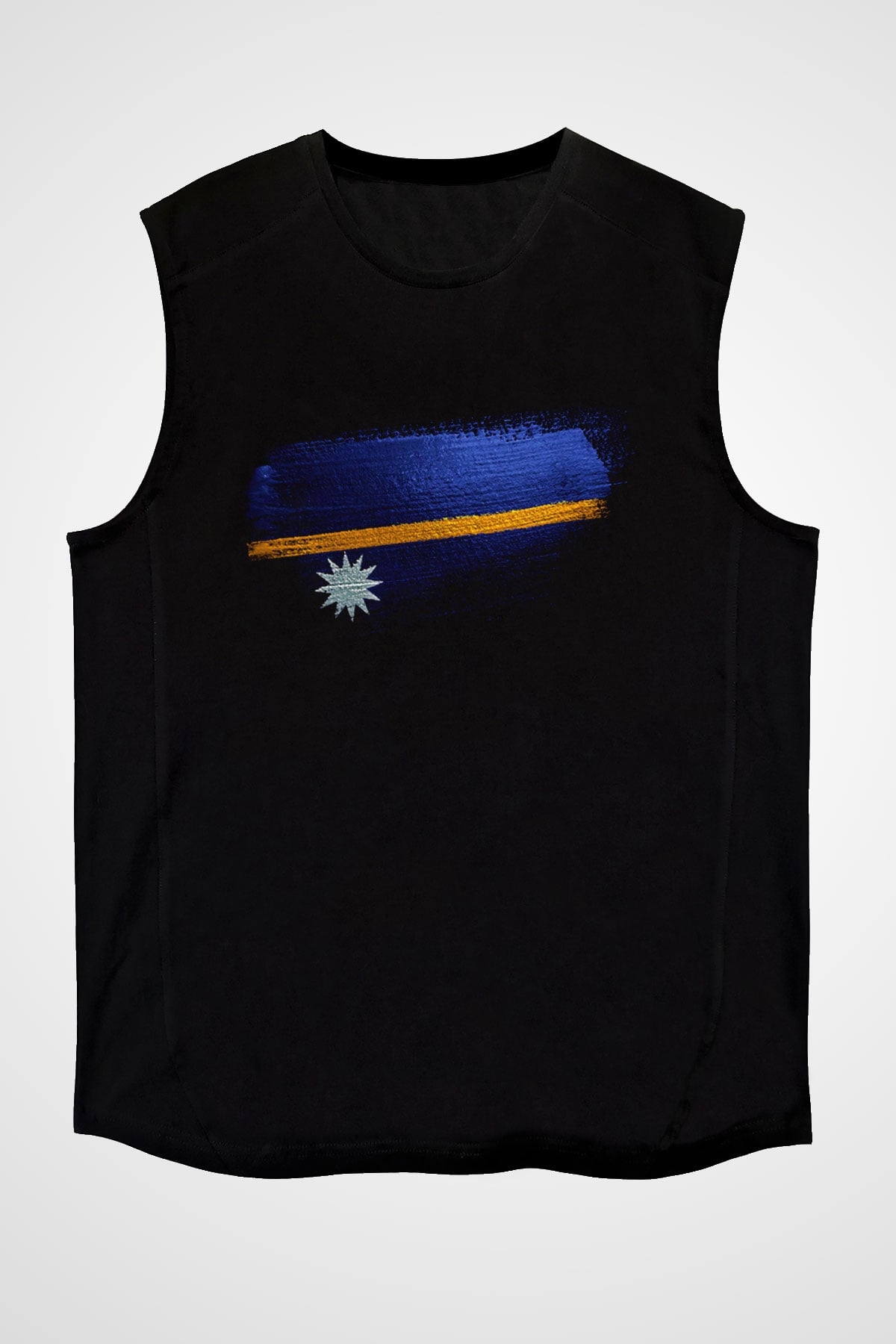 Nauru Bayrağı Baskılı Unisex Siyah Kolsuz Tişört