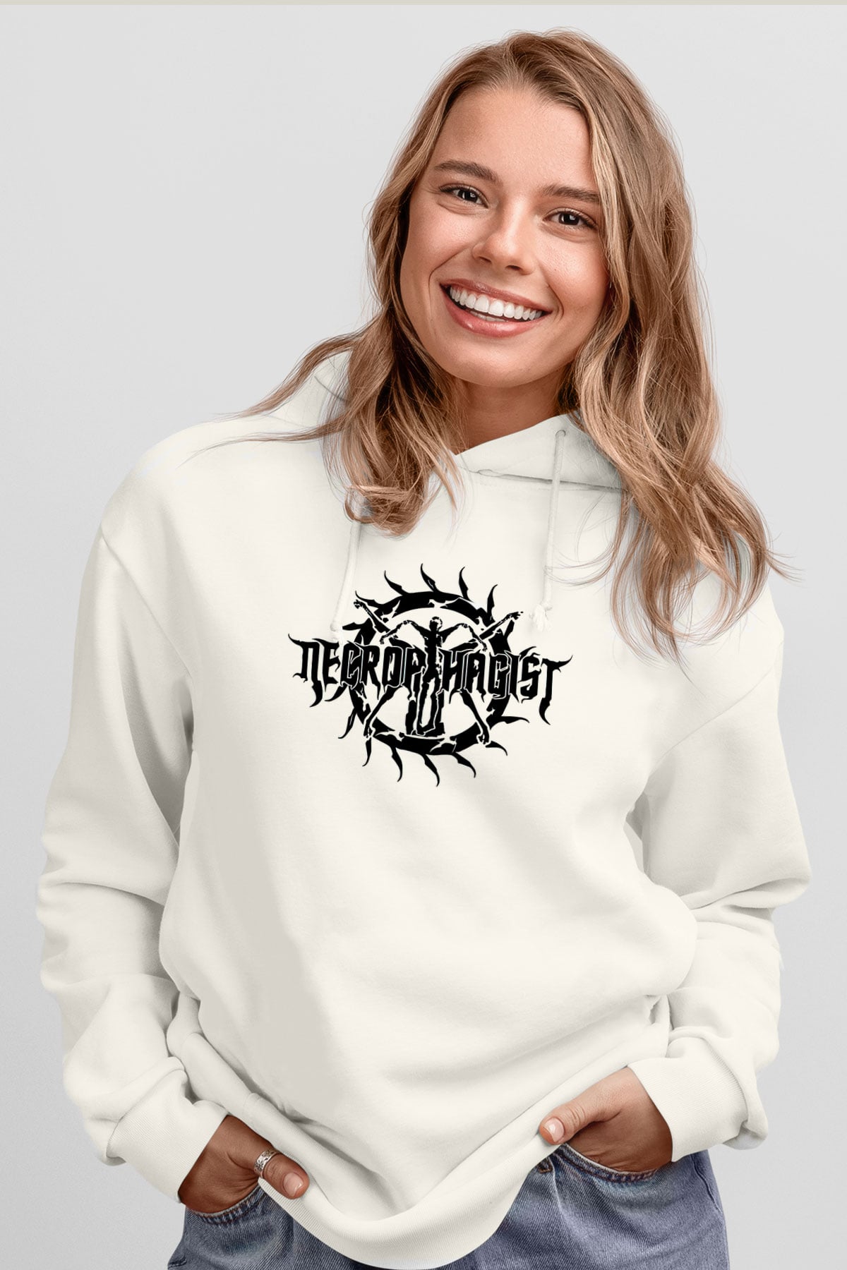 Necrophagist Baskılı Beyaz Unisex Kapüşonlu Sweatshirt
