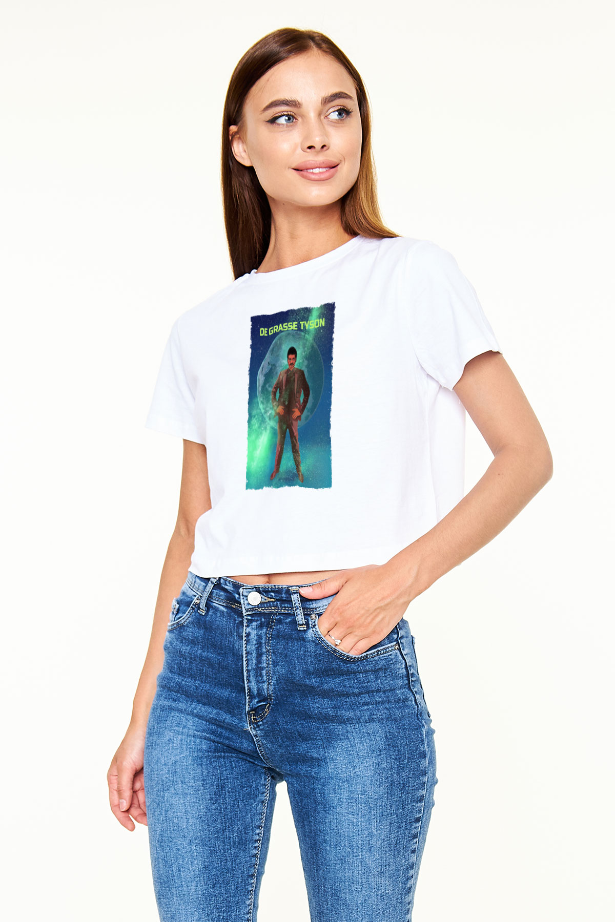 Neil De Grasse Tyson Baskılı Kadın Crop Top Beyaz Tişört