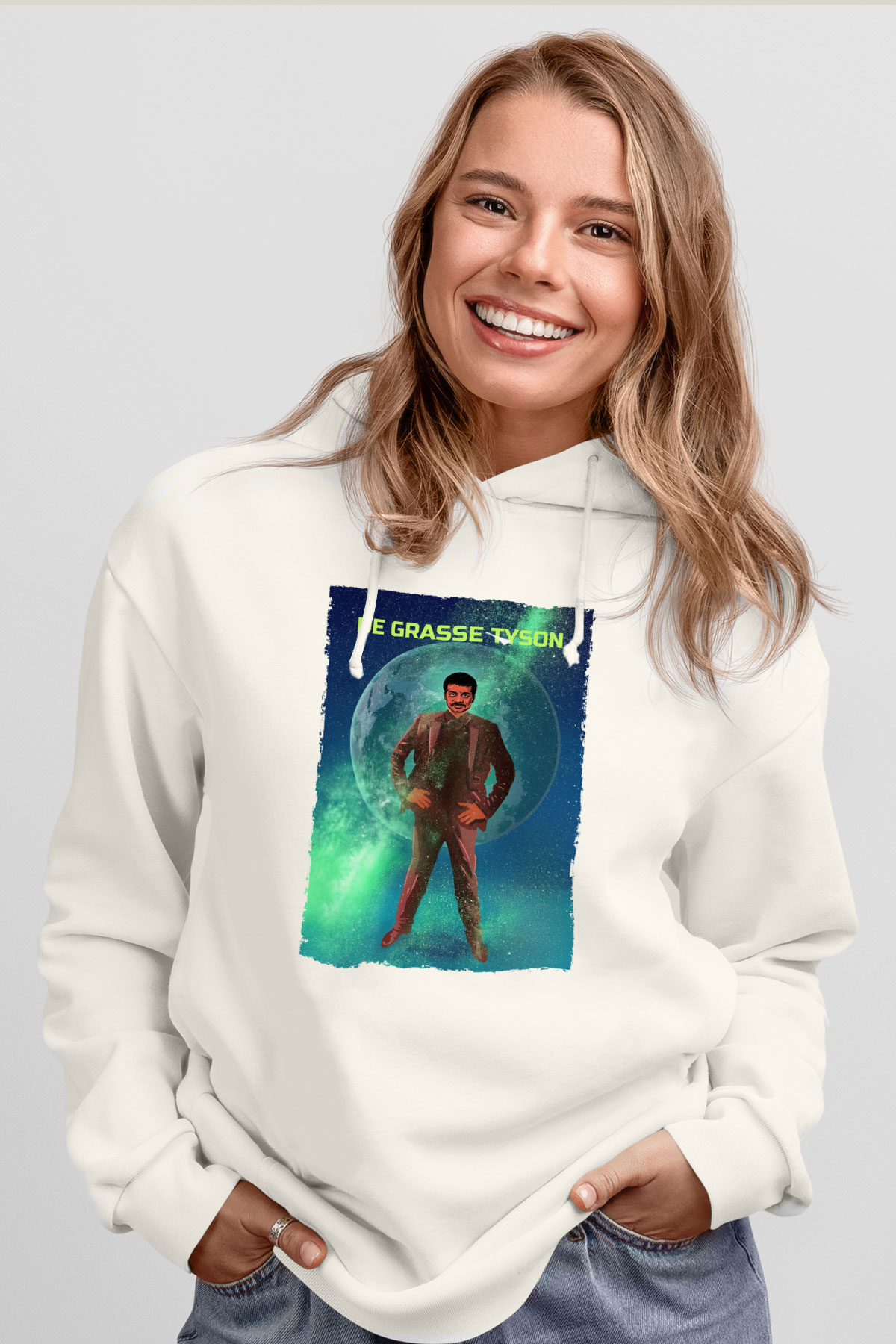 Neil De Grasse Tyson Baskılı Unisex Ekru Hoodie