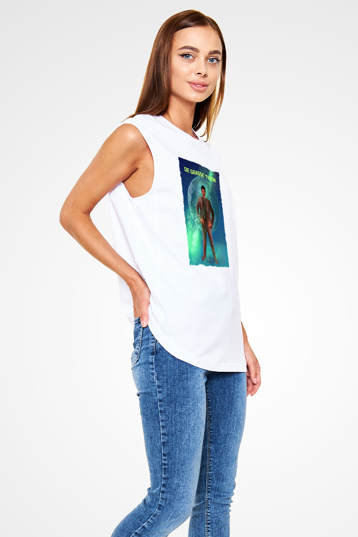 Neil De Grasse Tyson Baskılı Unisex Kolsuz Beyaz Tişört - Tshirt