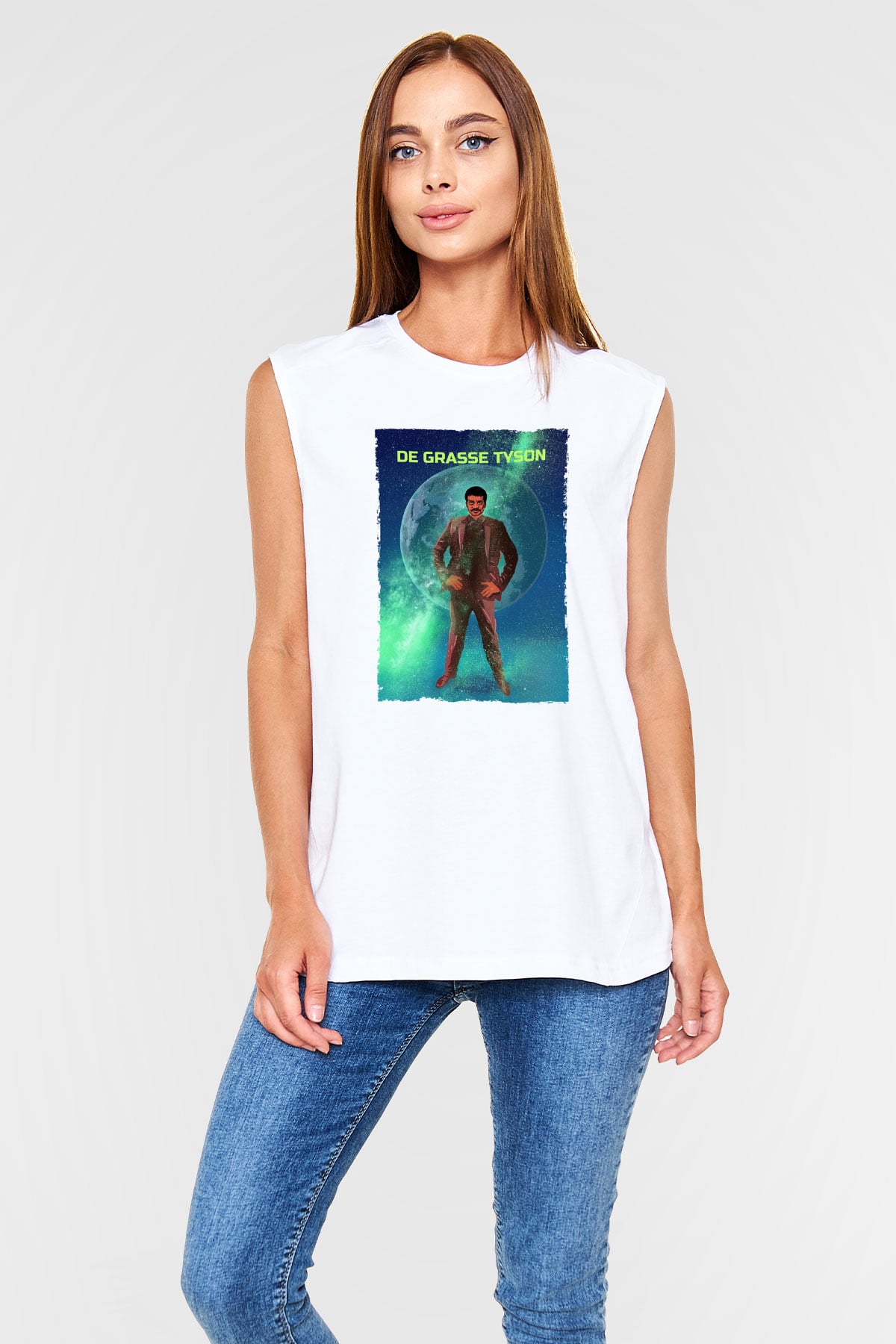 Neil De Grasse Tyson Baskılı Unisex Kolsuz Beyaz Tişört - Tshirt