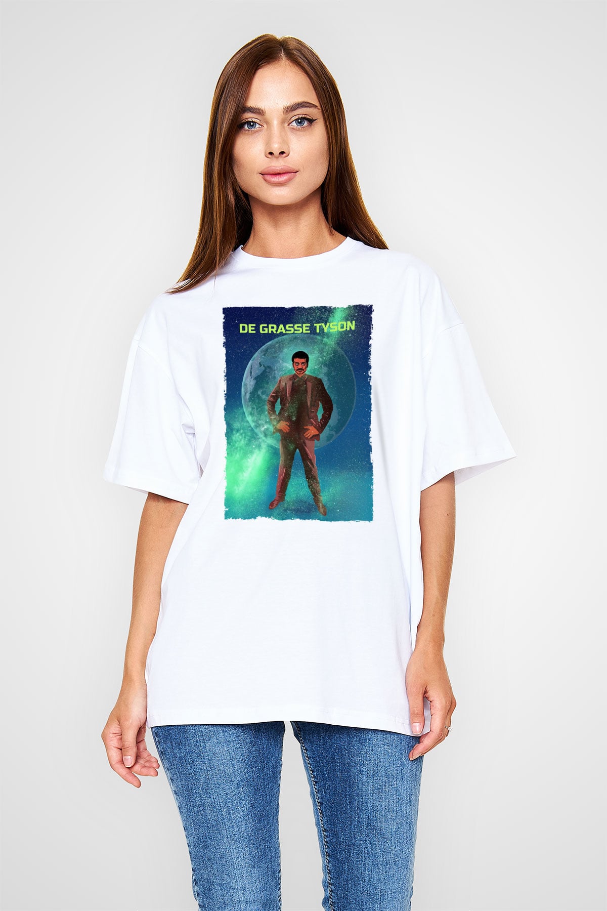 Neil De Grasse Tyson Baskılı Unisex Oversize Beyaz Tişört - Tshirt