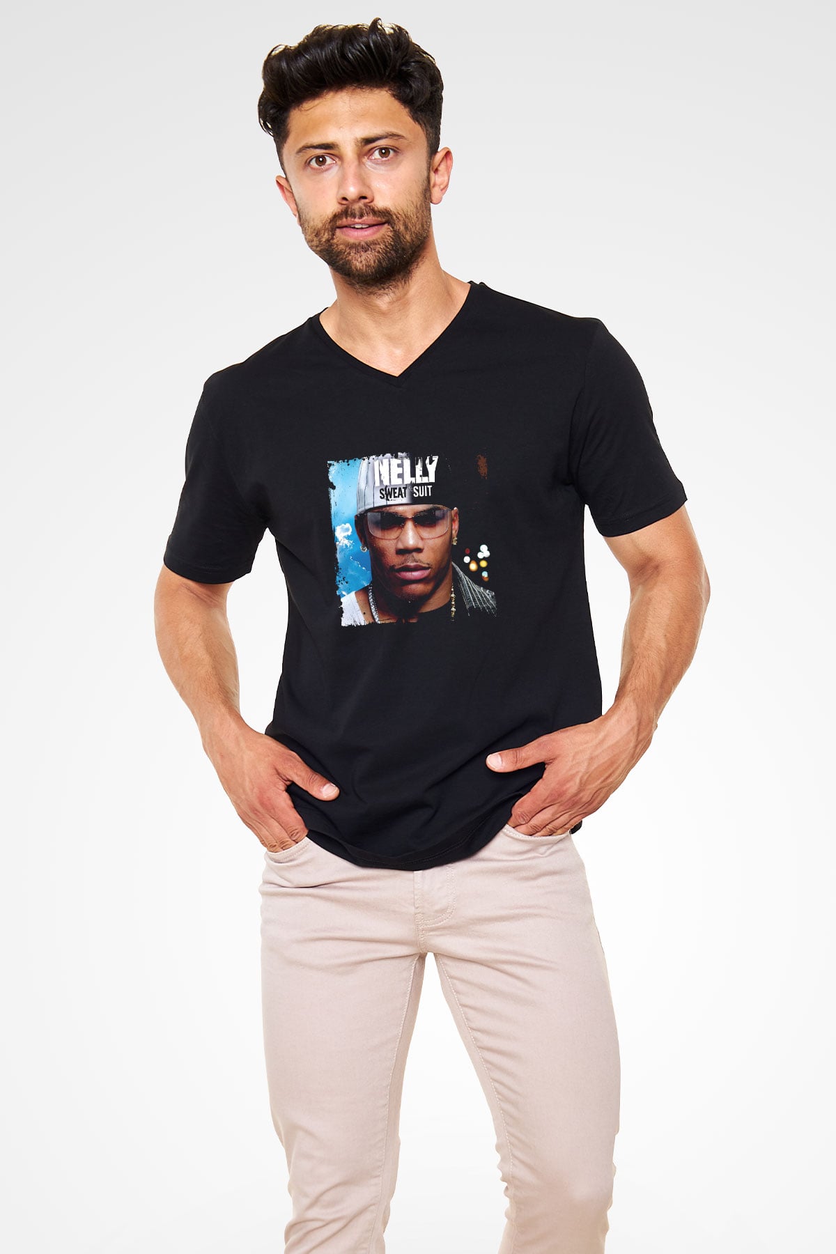 Nelly Baskılı Unisex Siyah V Yaka Tişört