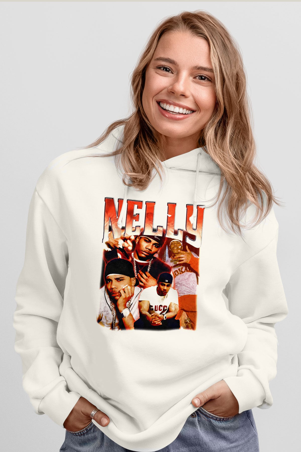 Nelly Beyaz Unisex Kapüşonlu Sweatshirt