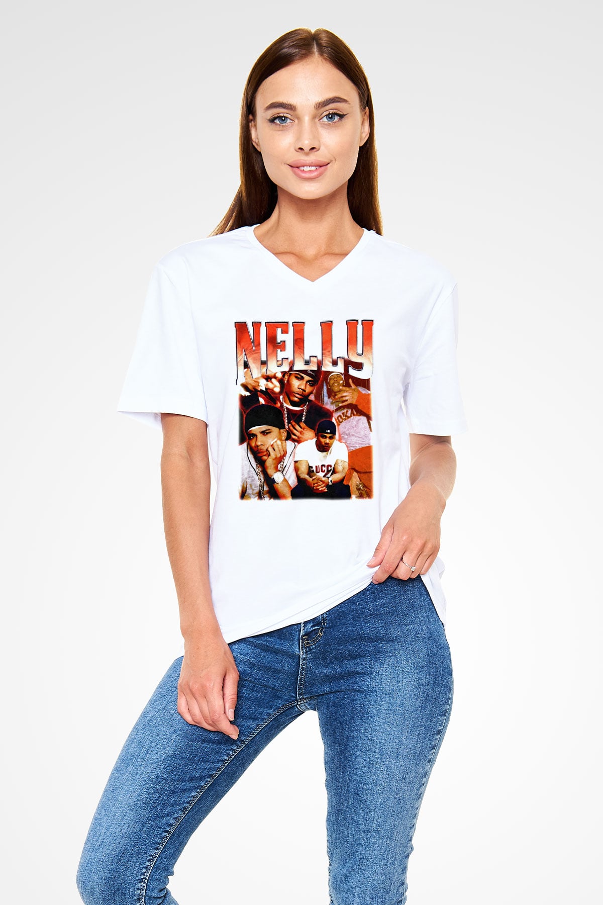 Nelly Beyaz Unisex V Yaka Tişört