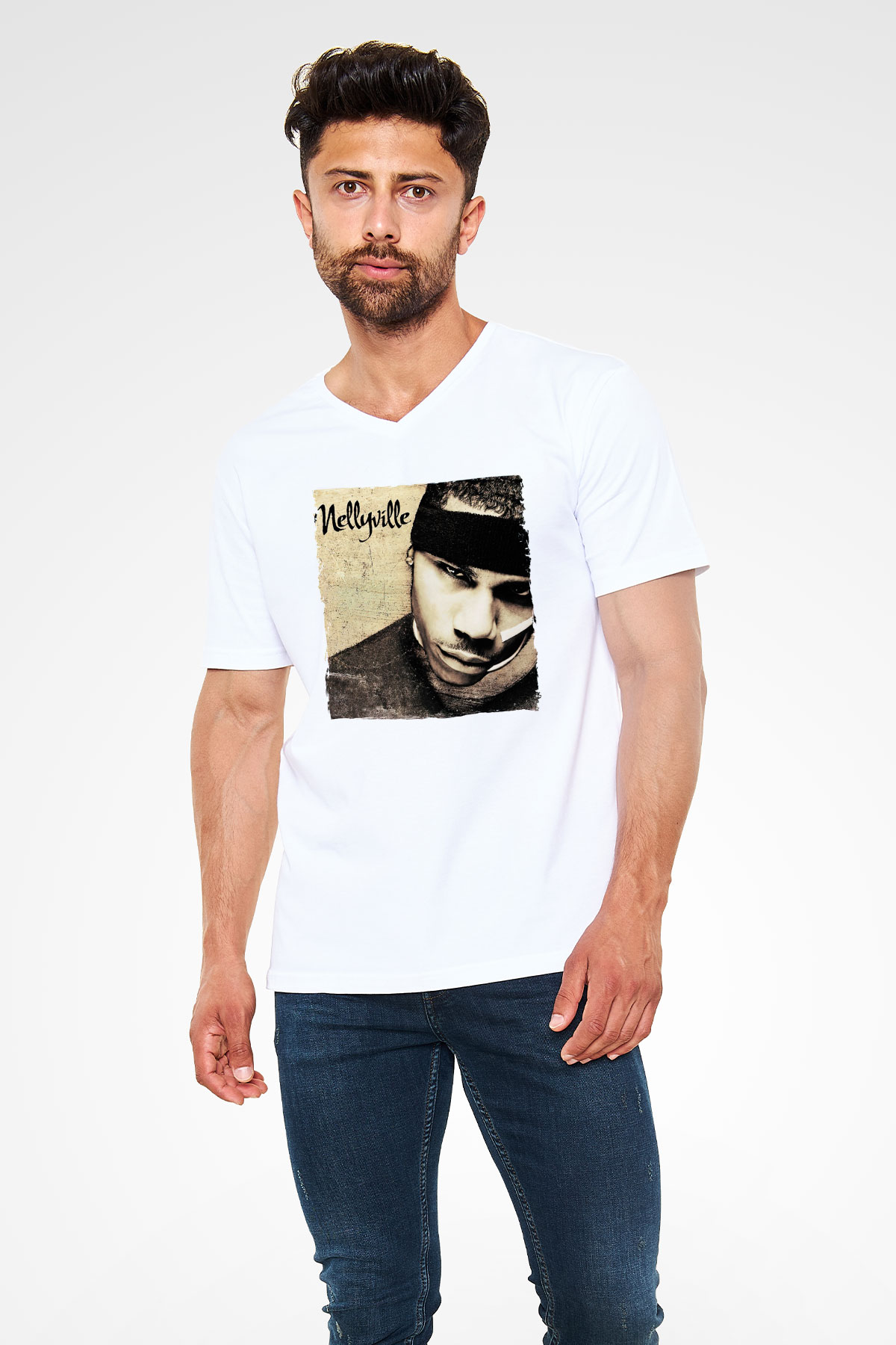 Nelly Beyaz Unisex V Yaka Tişört
