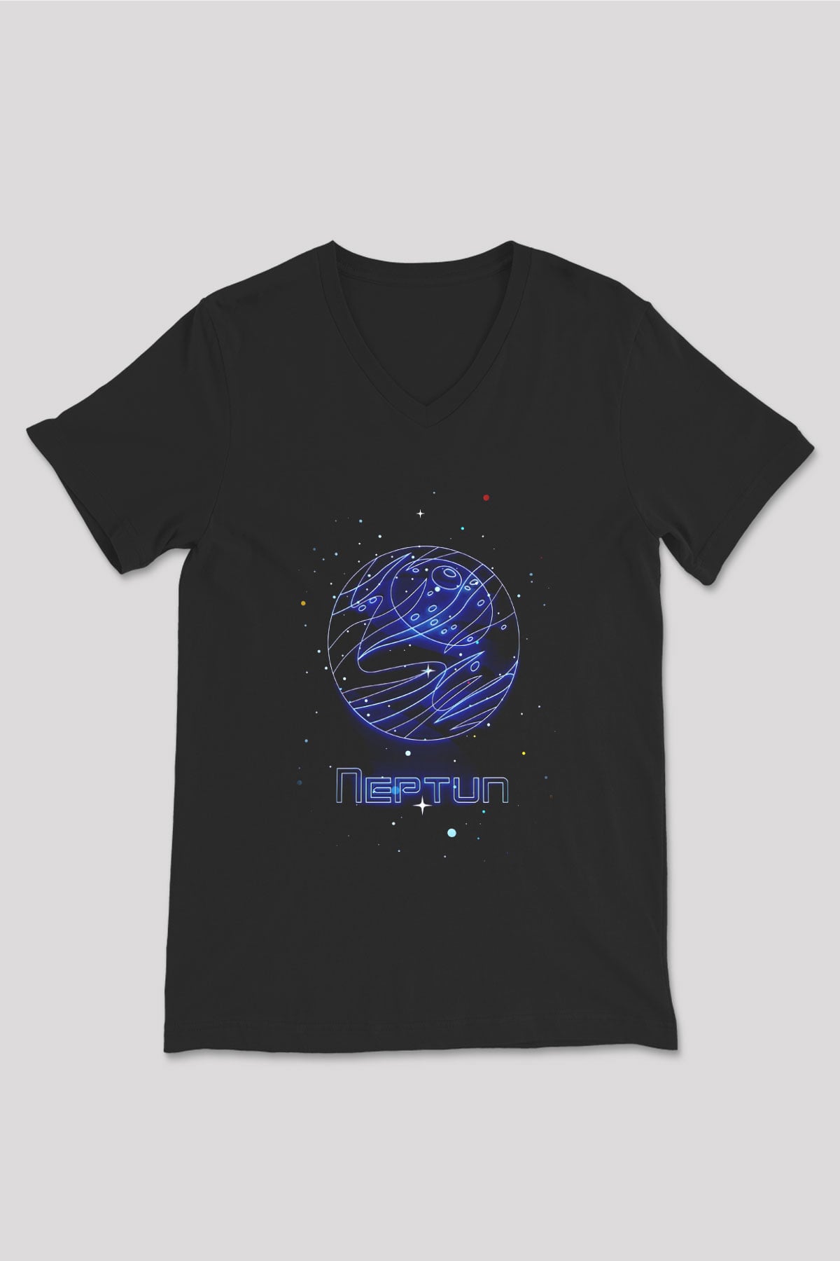 Neptün Çizim Baskılı Unisex V Yaka Siyah Tİşört - Tshirt