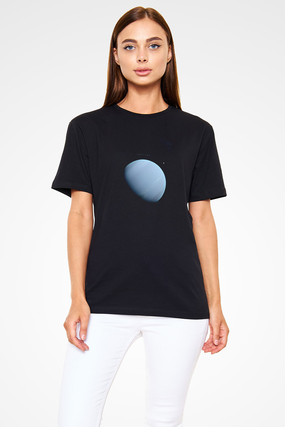 Neptün Fotoğraf Baskılı Unisex Siyah Tişört - Tshirt