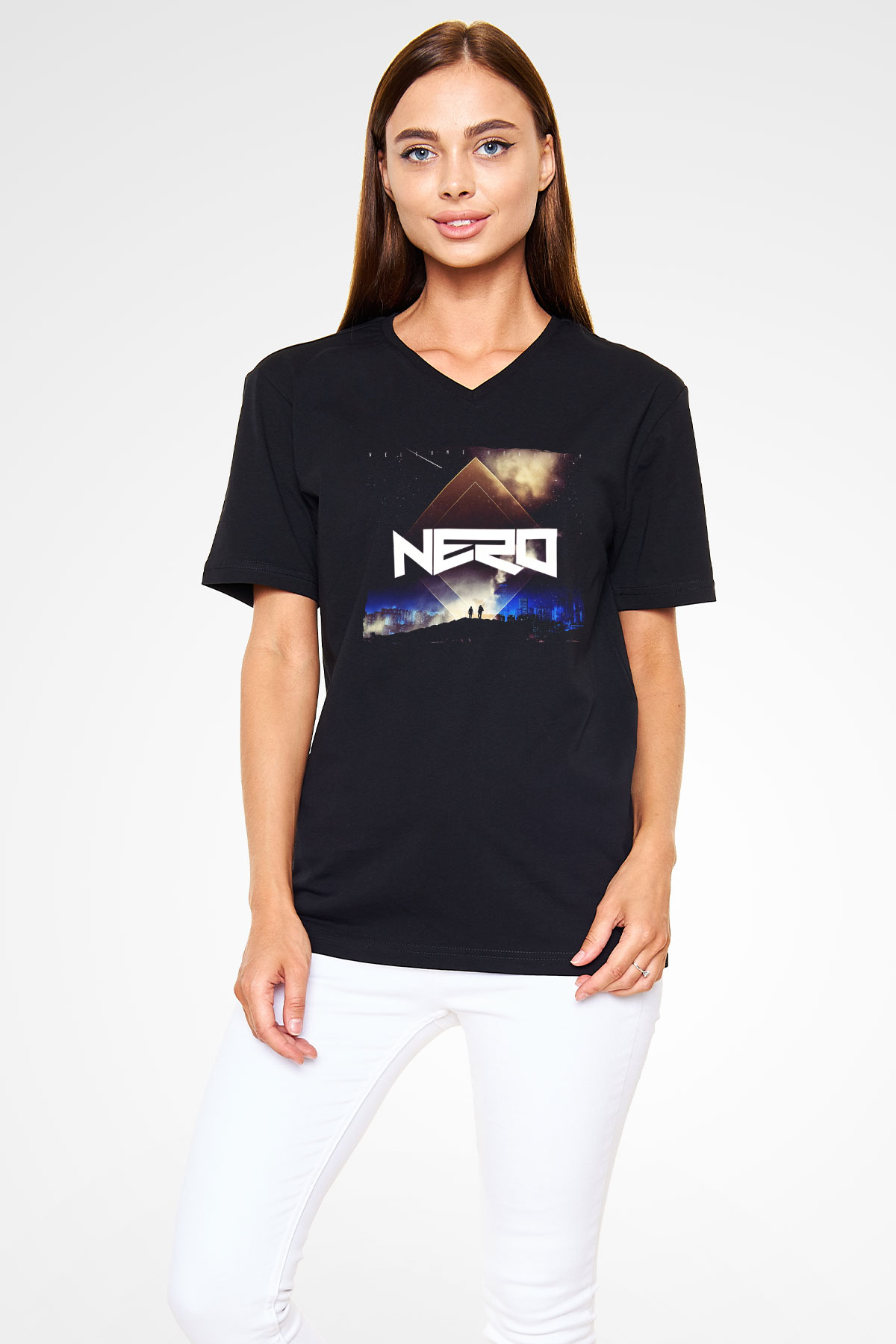 Nero Siyah Unisex V Yaka Tişört