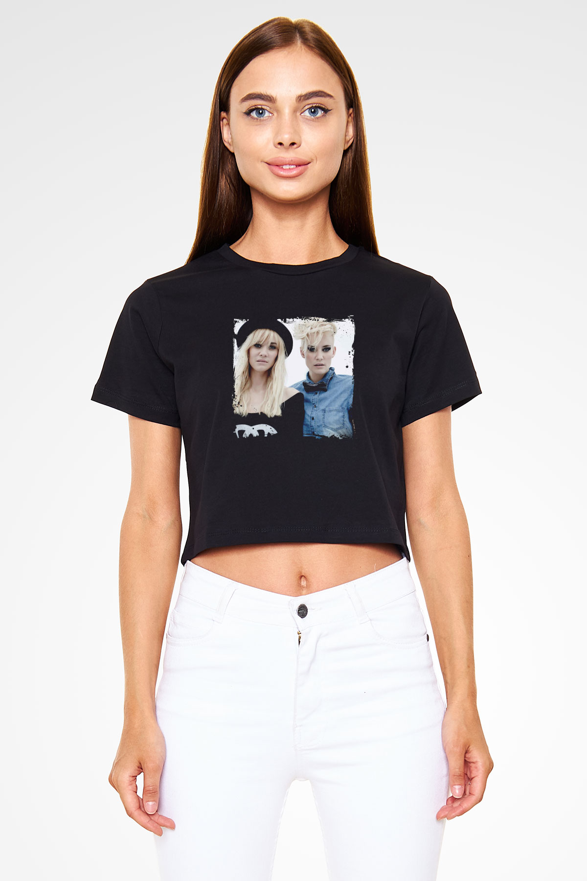 Nervo Baskılı Crop Top Siyah Kadın Tişört