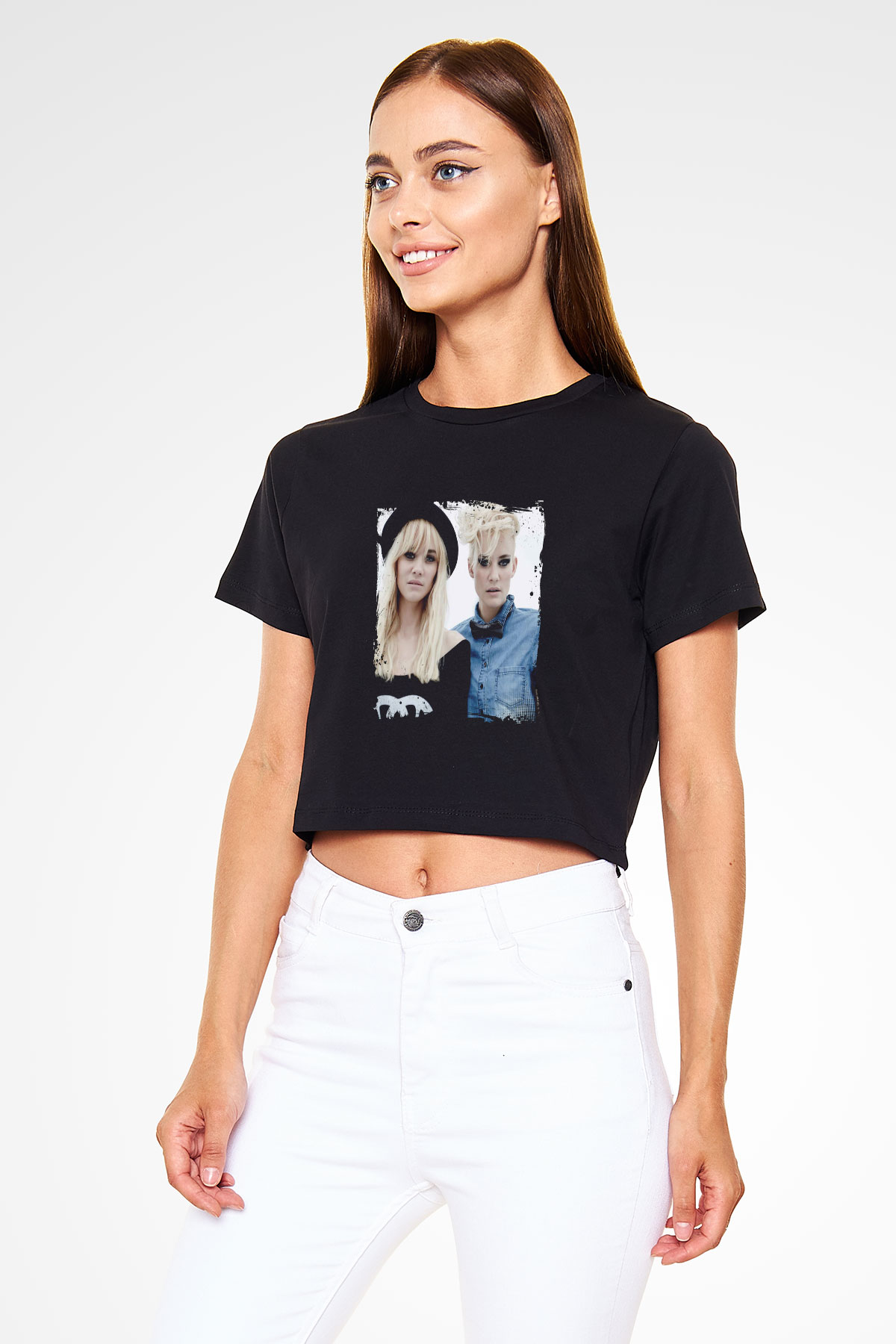 Nervo Baskılı Crop Top Siyah Kadın Tişört