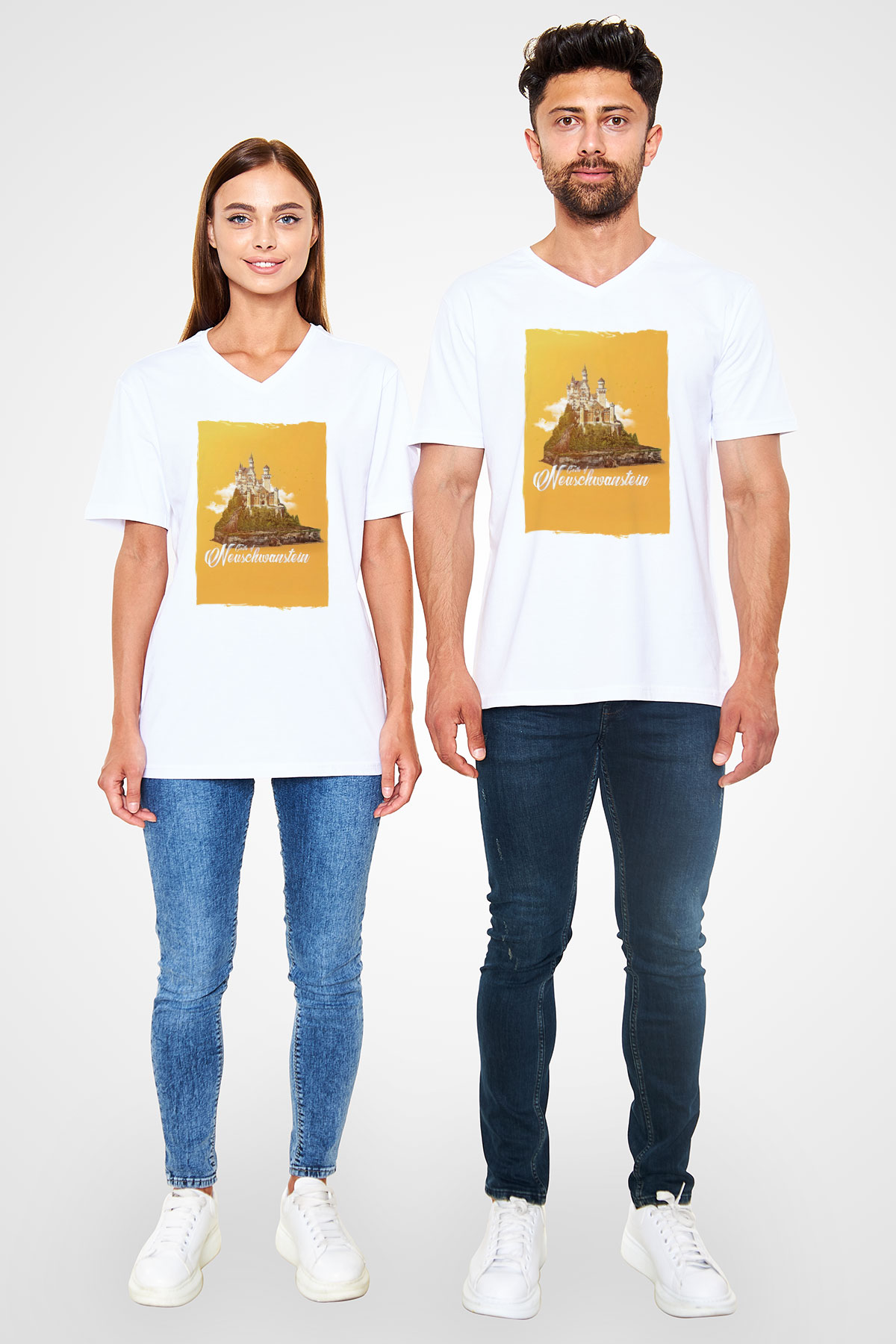 Neuschwanstein Şatosu Beyaz Unisex V Yaka Tişört