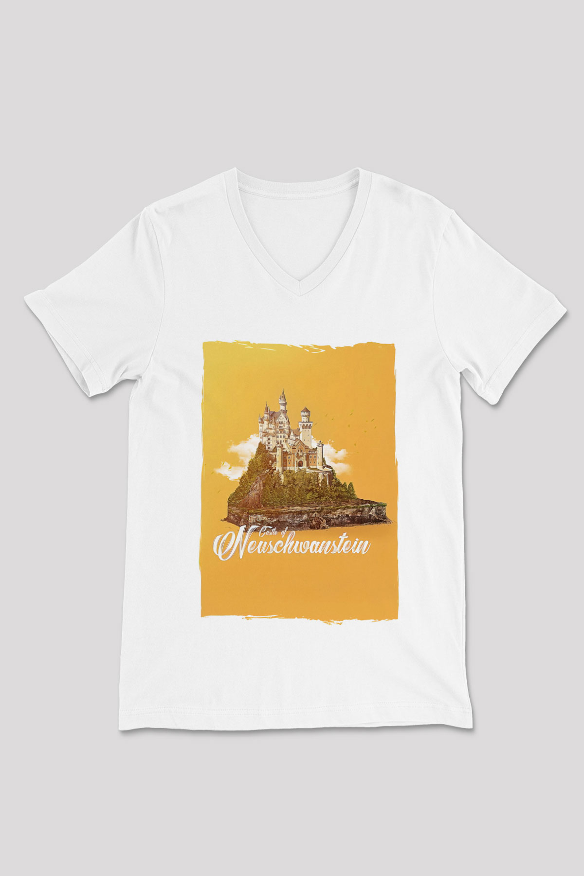Neuschwanstein Şatosu Beyaz Unisex V Yaka Tişört