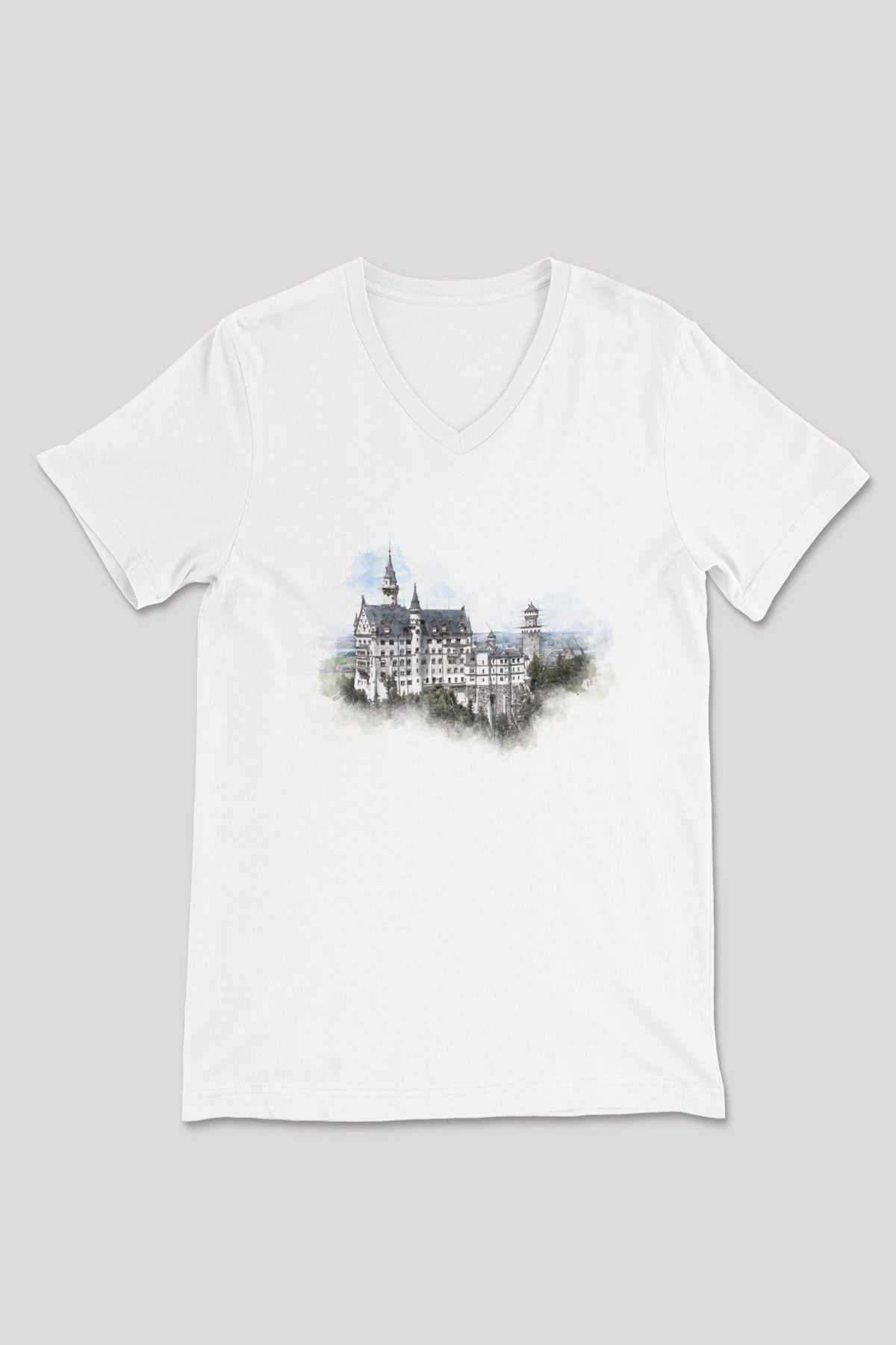Neuschwanstein Şatosu Beyaz Unisex V Yaka Tişört