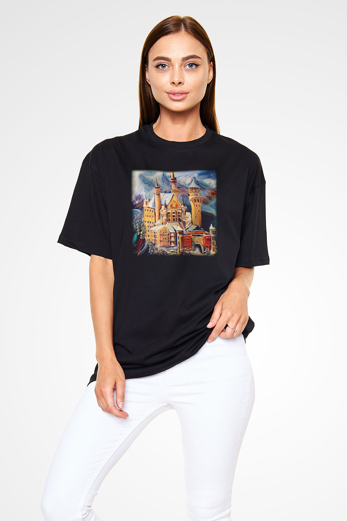 Neuschwanstein Şatosu Siyah Unisex Oversize Tişört T-Shirt