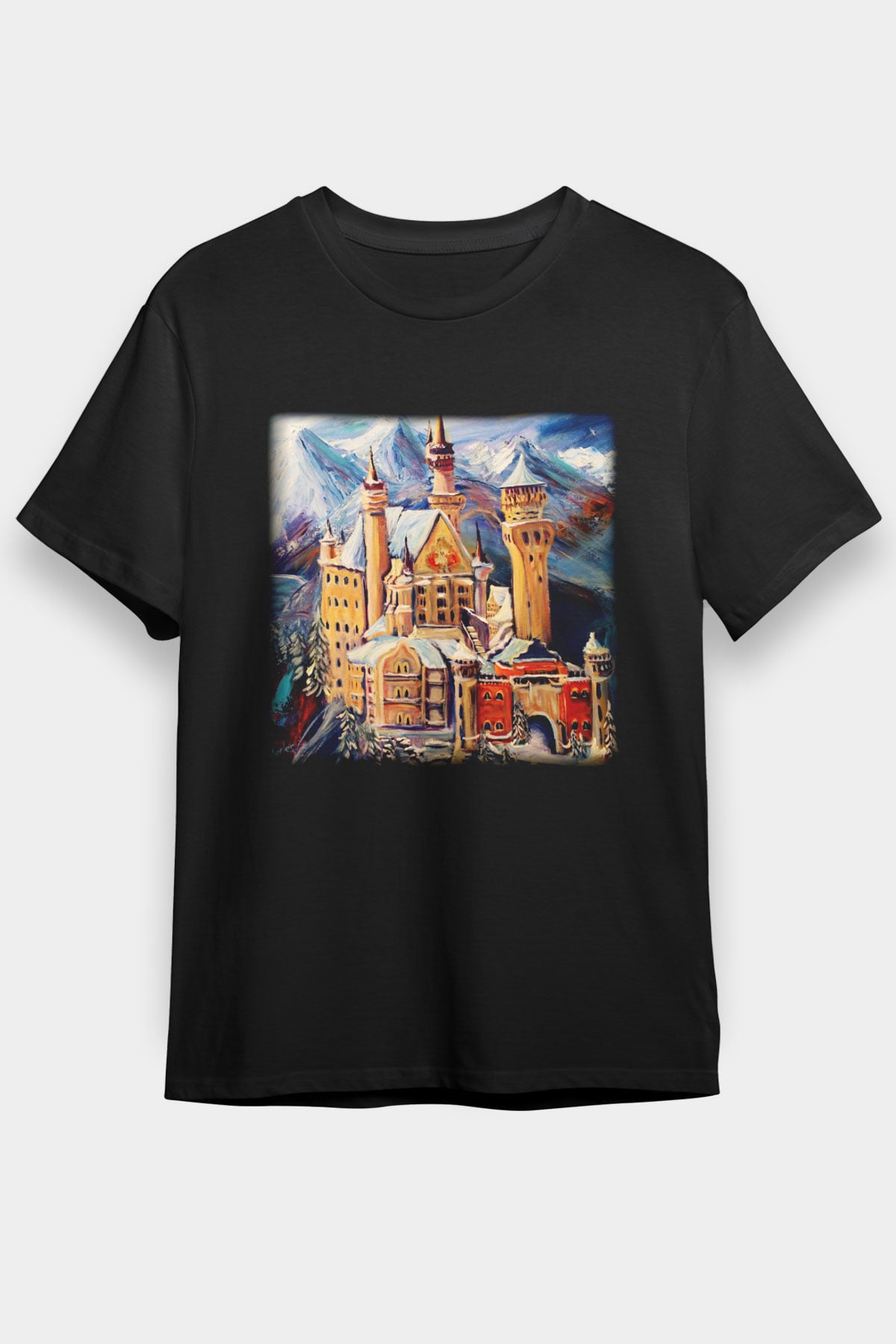 Neuschwanstein Şatosu Siyah Unisex Tişört T-Shirt - TişörtFabrikası