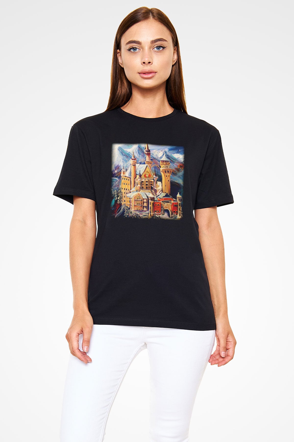 Neuschwanstein Şatosu Siyah Unisex Tişört T-Shirt - TişörtFabrikası