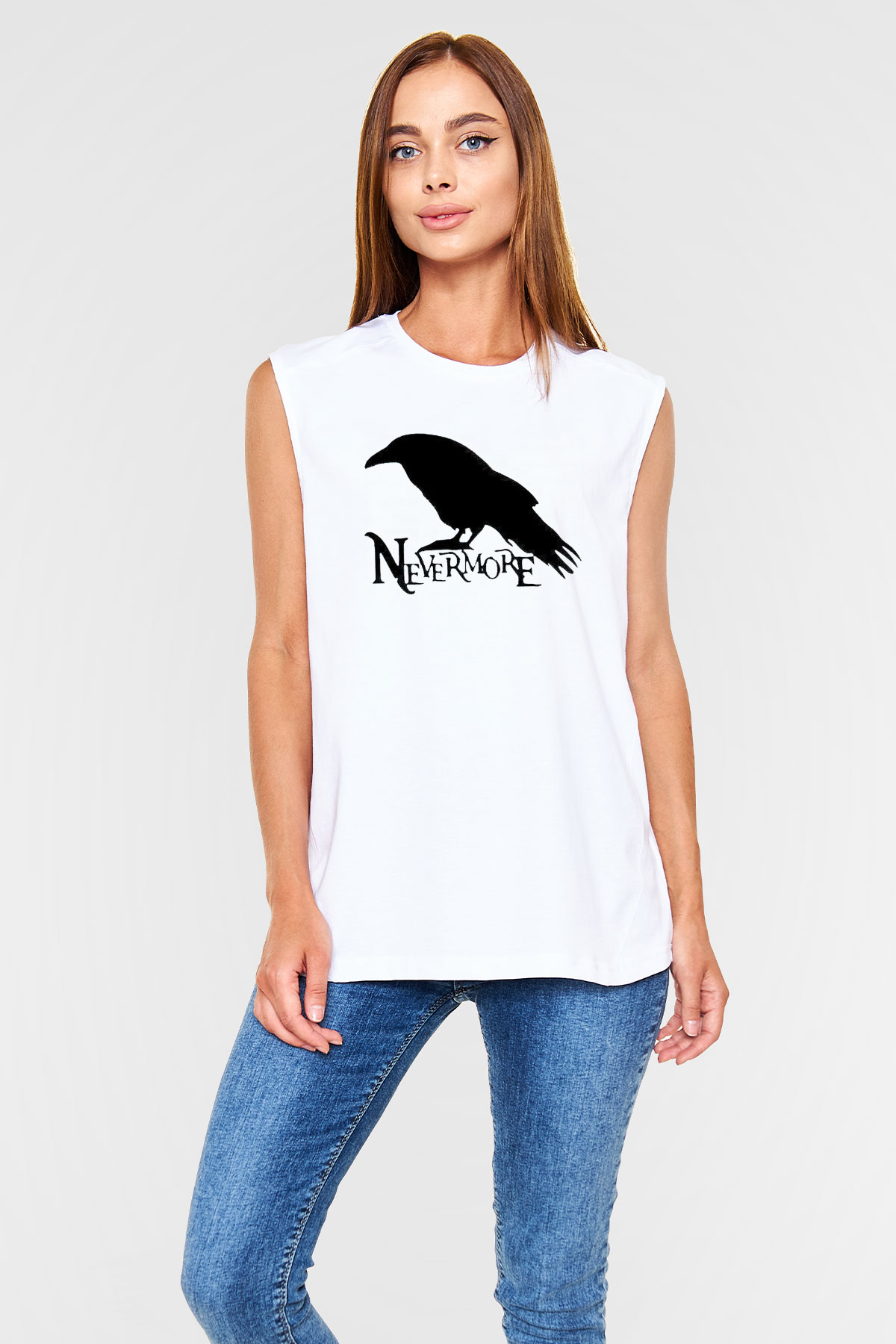 Nevermore Baskılı Beyaz Unisex Kolsuz Tişört - Tshirt