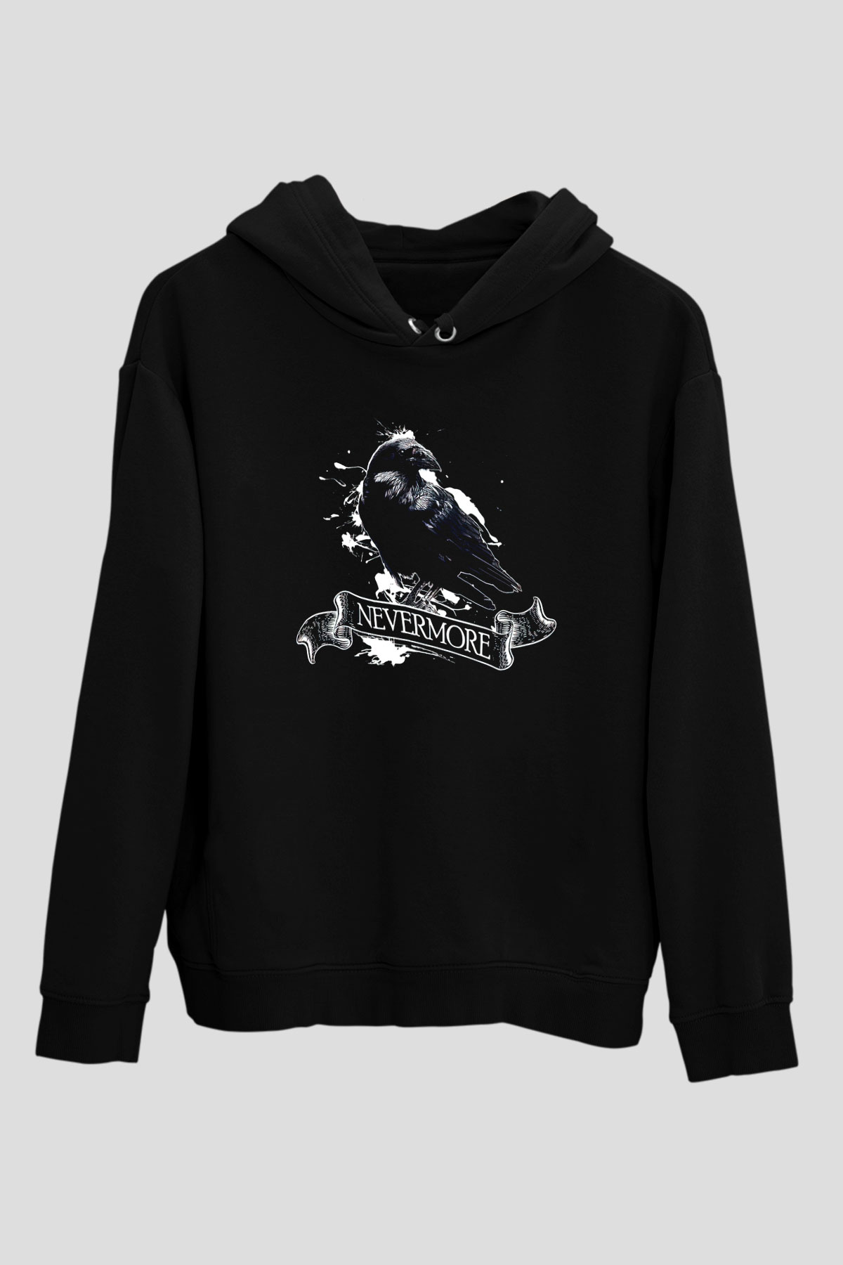 Nevermore Baskılı Unisex Siyah Kapüşonlu Sweatshirt