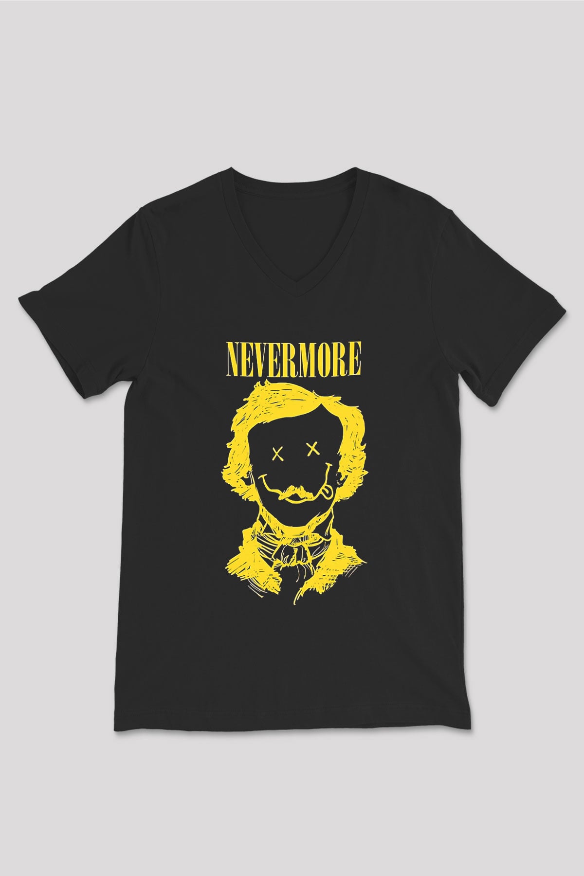 Nevermore Baskılı Unisex Siyah V Yaka Tişört - Tshirt