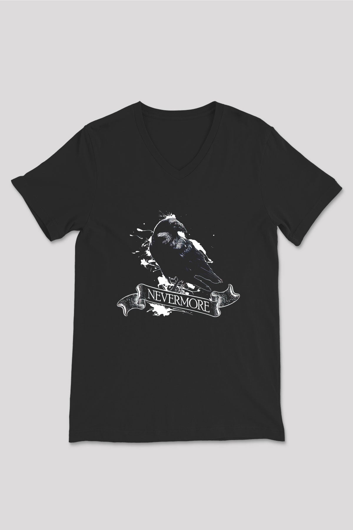 Nevermore Baskılı Unisex Siyah V Yaka Tişört - Tshirt