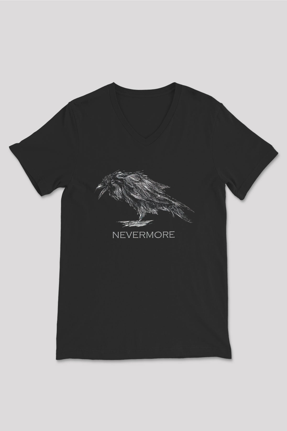 Nevermore Baskılı Unisex Siyah V Yaka Tişört - Tshirt