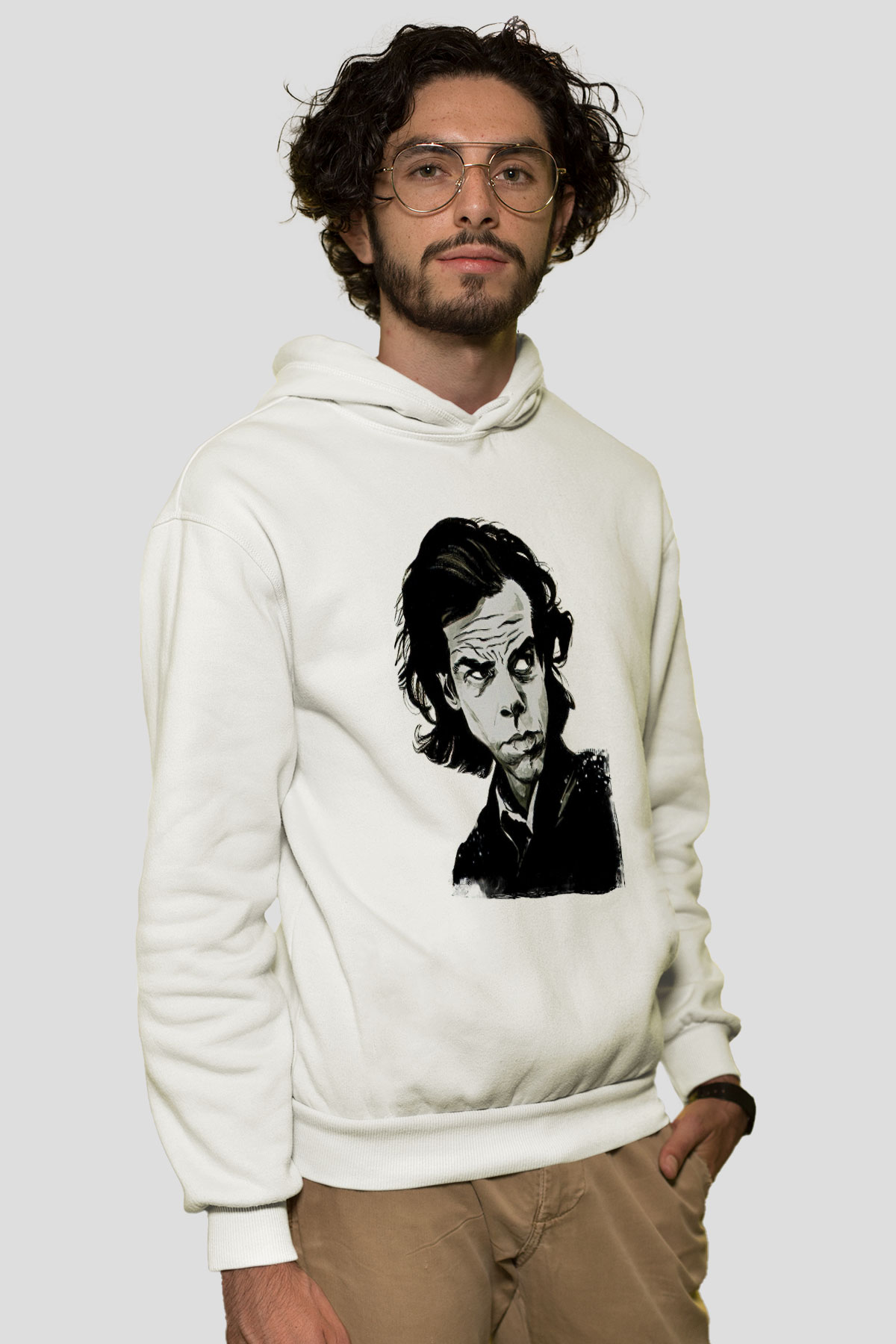 Nick Cave Baskılı Beyaz Unisex Kapüşonlu Sweatshirt