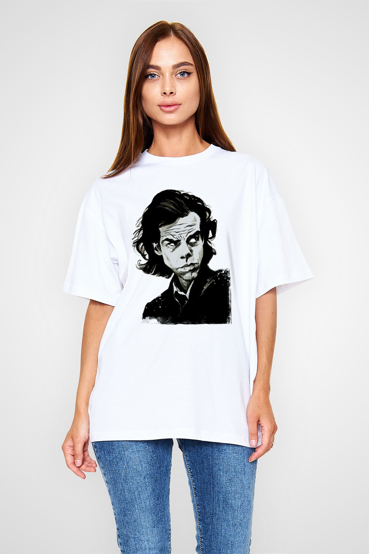 Nick Cave Baskılı Beyaz Unisex Oversize Tişört - Tshirt