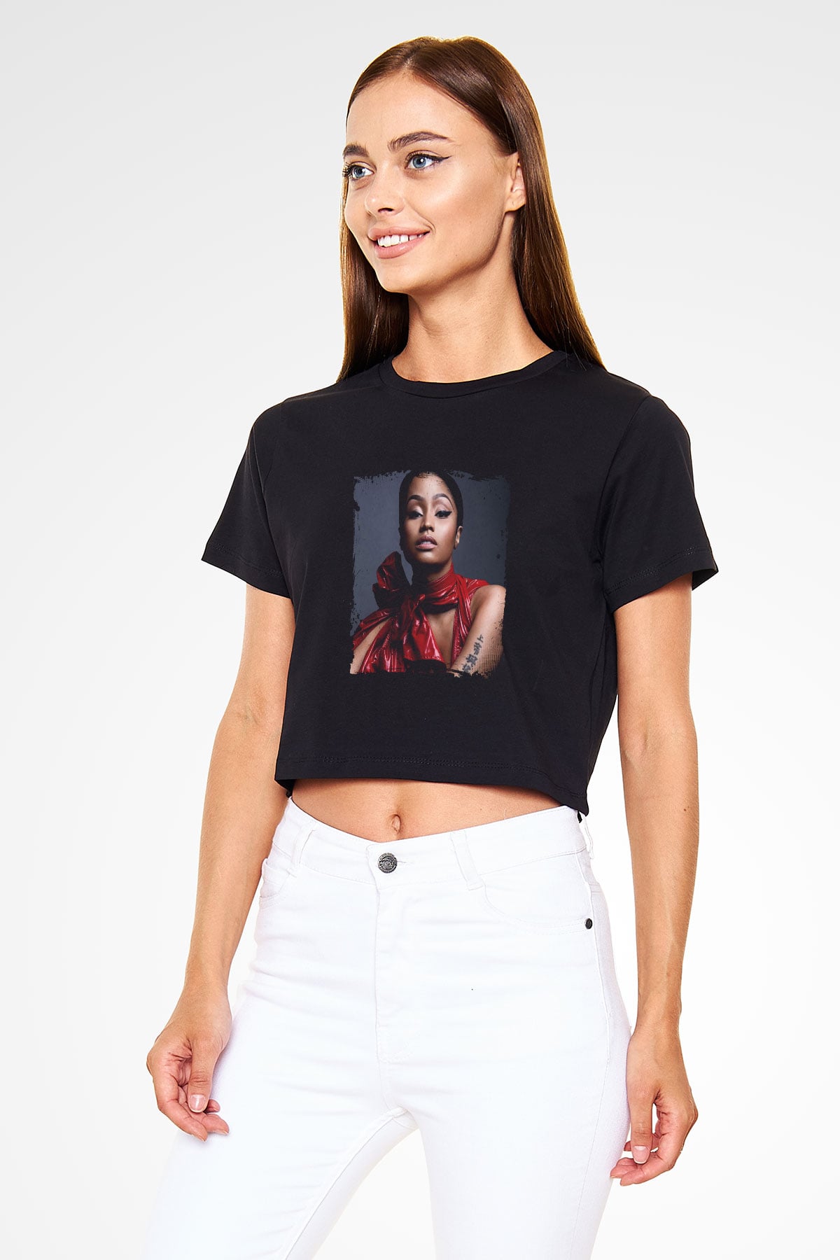 Nicki Minaj Baskılı Crop Top Siyah Kadın Tişört